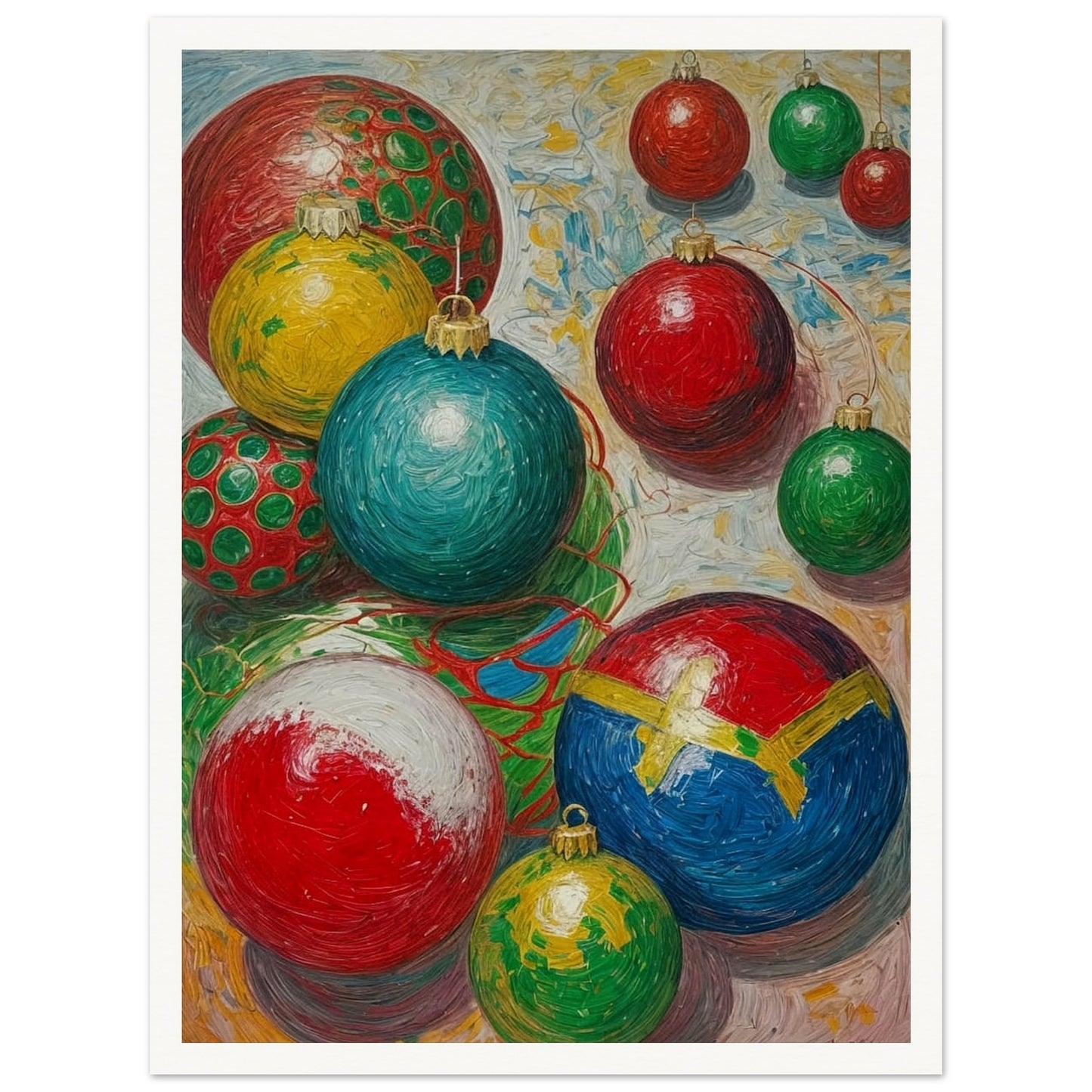 A collection of colorful Christmas ornaments in red, green, blue, and yellow, arranged in a playful and vibrant composition, evoking holiday cheer.