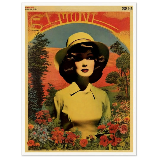 A stylized vintage portrait of a woman in a wide-brimmed hat, standing amidst vibrant flowers against a backdrop of the setting sun.