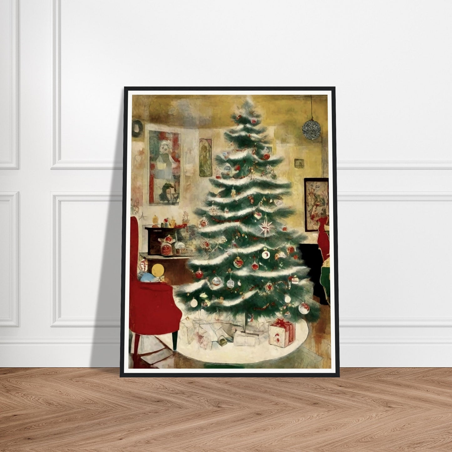 A cozy living room scene featuring a beautifully decorated Christmas tree adorned with ornaments and surrounded by presents, evoking the warmth of the holiday season.