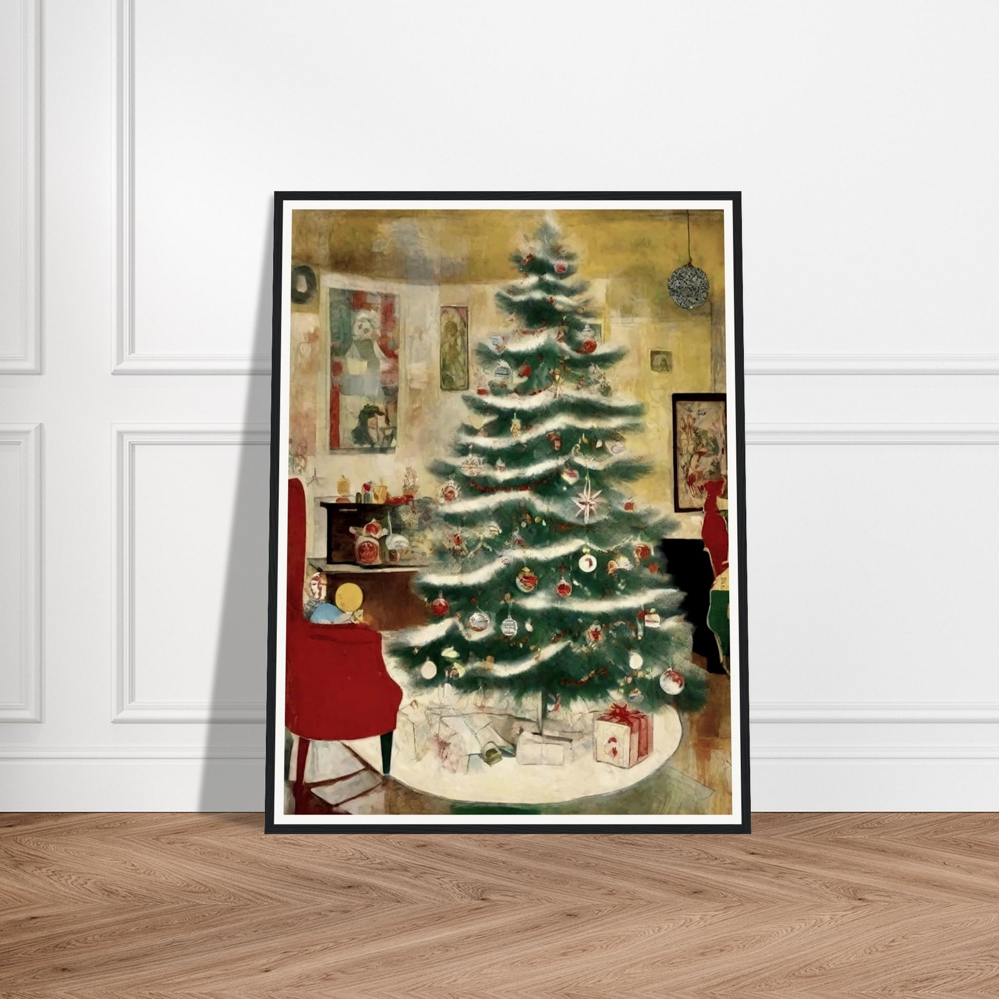 A cozy living room scene featuring a beautifully decorated Christmas tree adorned with ornaments and surrounded by presents, evoking the warmth of the holiday season.