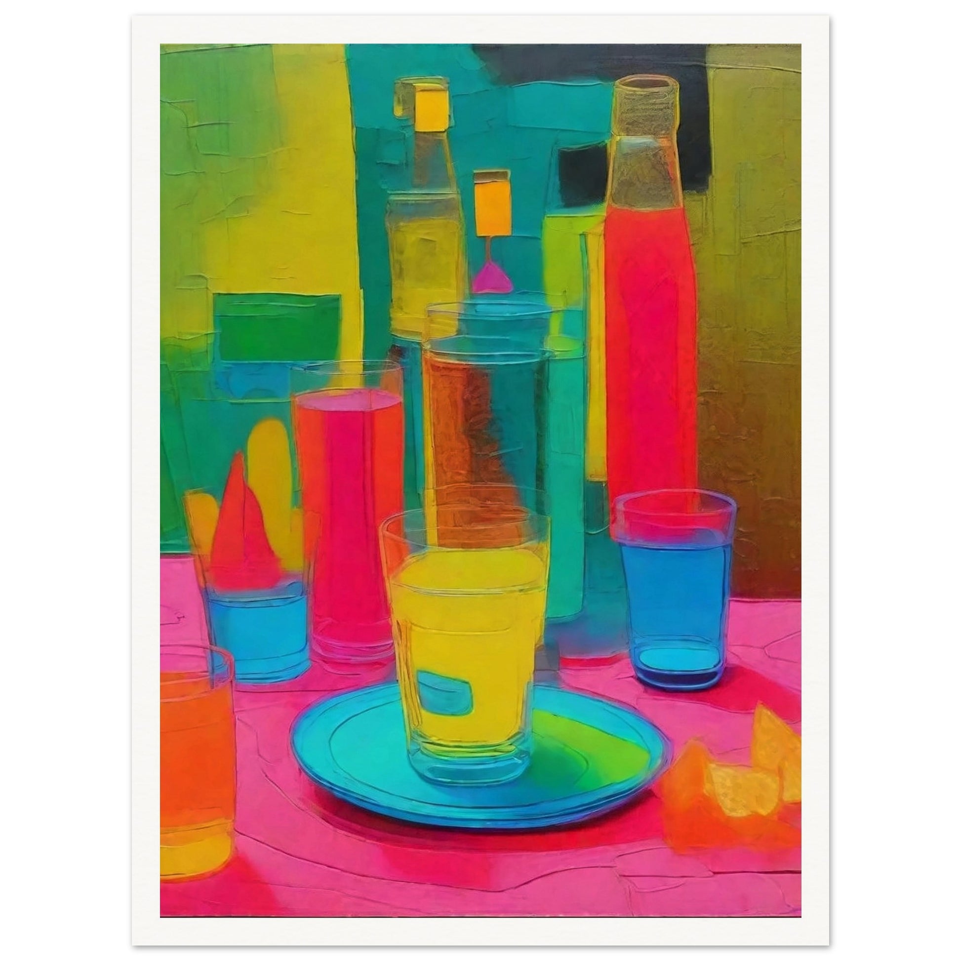 A bold and colorful still life painting with neon hues of pink, yellow, and blue, featuring bottles, glasses, and a plate on a table.