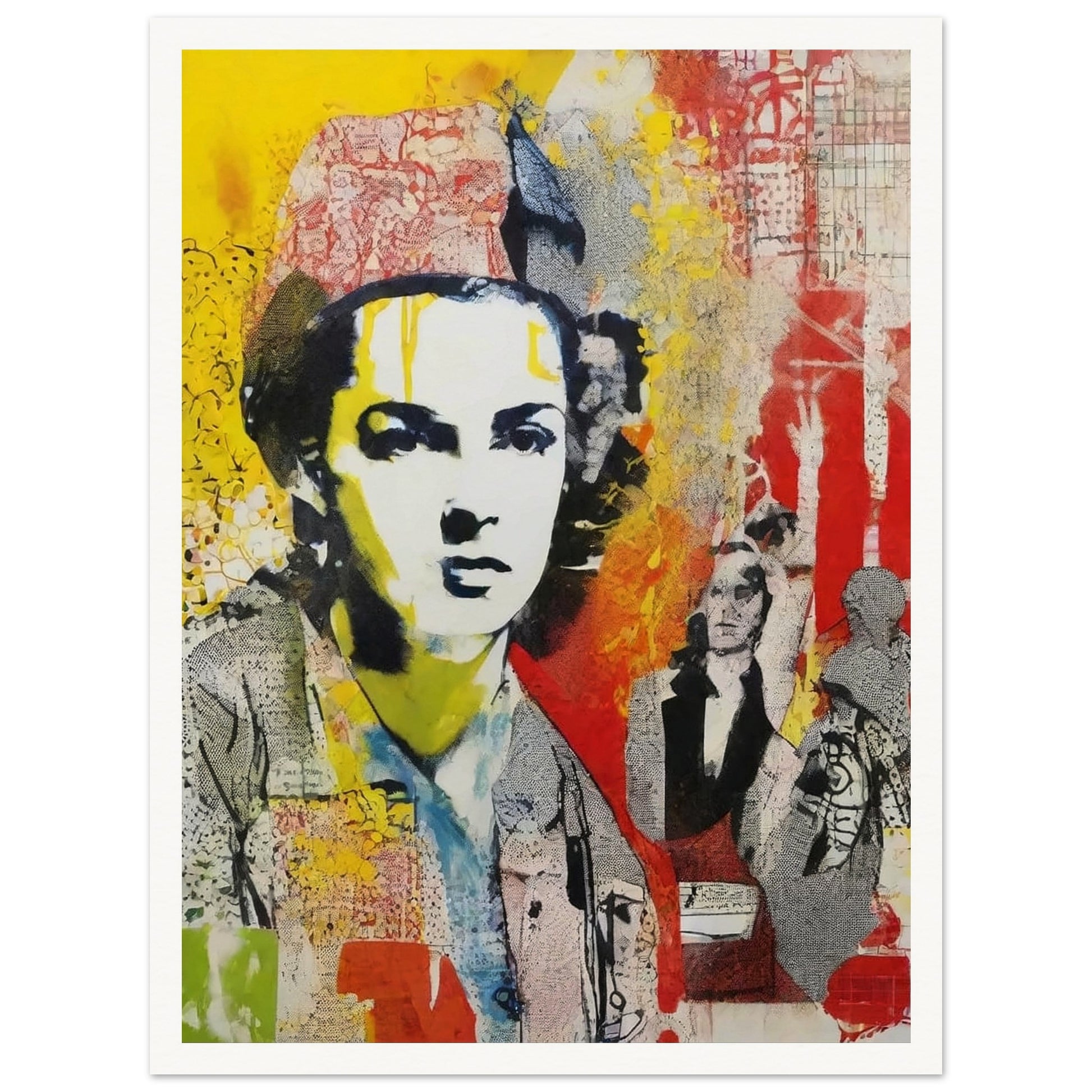 "Bold and colorful collage-like portrait of a serious woman with layers of red, yellow, and abstract patterns in the background."