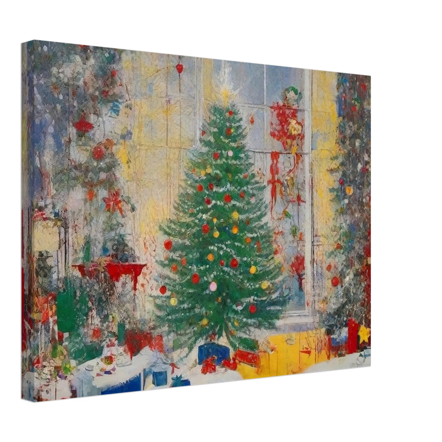 A vibrant painting of a festive living room with a beautifully decorated Christmas tree, glowing lights, and wrapped presents by a large window.