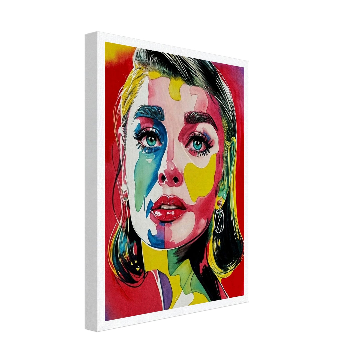 A striking portrait of a woman with vivid colors painted across her face, featuring bold reds, blues, yellows, and greens, with intense, captivating eyes.