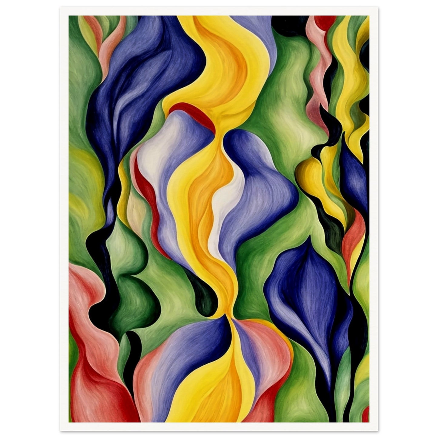 An abstract painting with vibrant, flowing shapes in hues of yellow, blue, green, and red, creating a dynamic and lively composition.