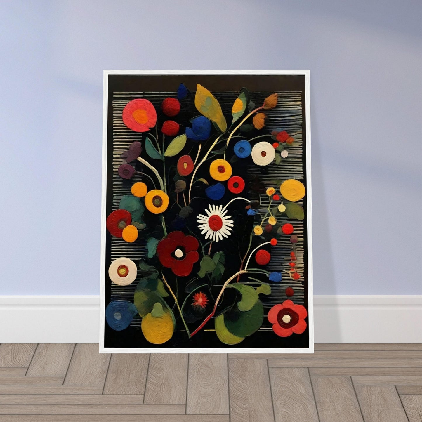A lively painting featuring an array of colorful circular flowers in red, yellow, blue, and white, set against a dark striped background.
