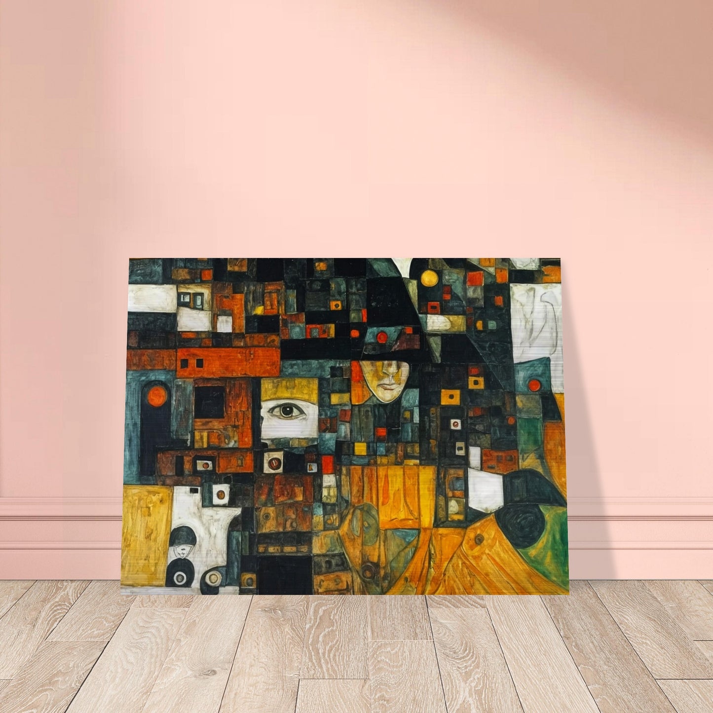 Complex and intriguing collage of fragmented faces and geometric patterns, revealing hidden layers of identity and emotion.