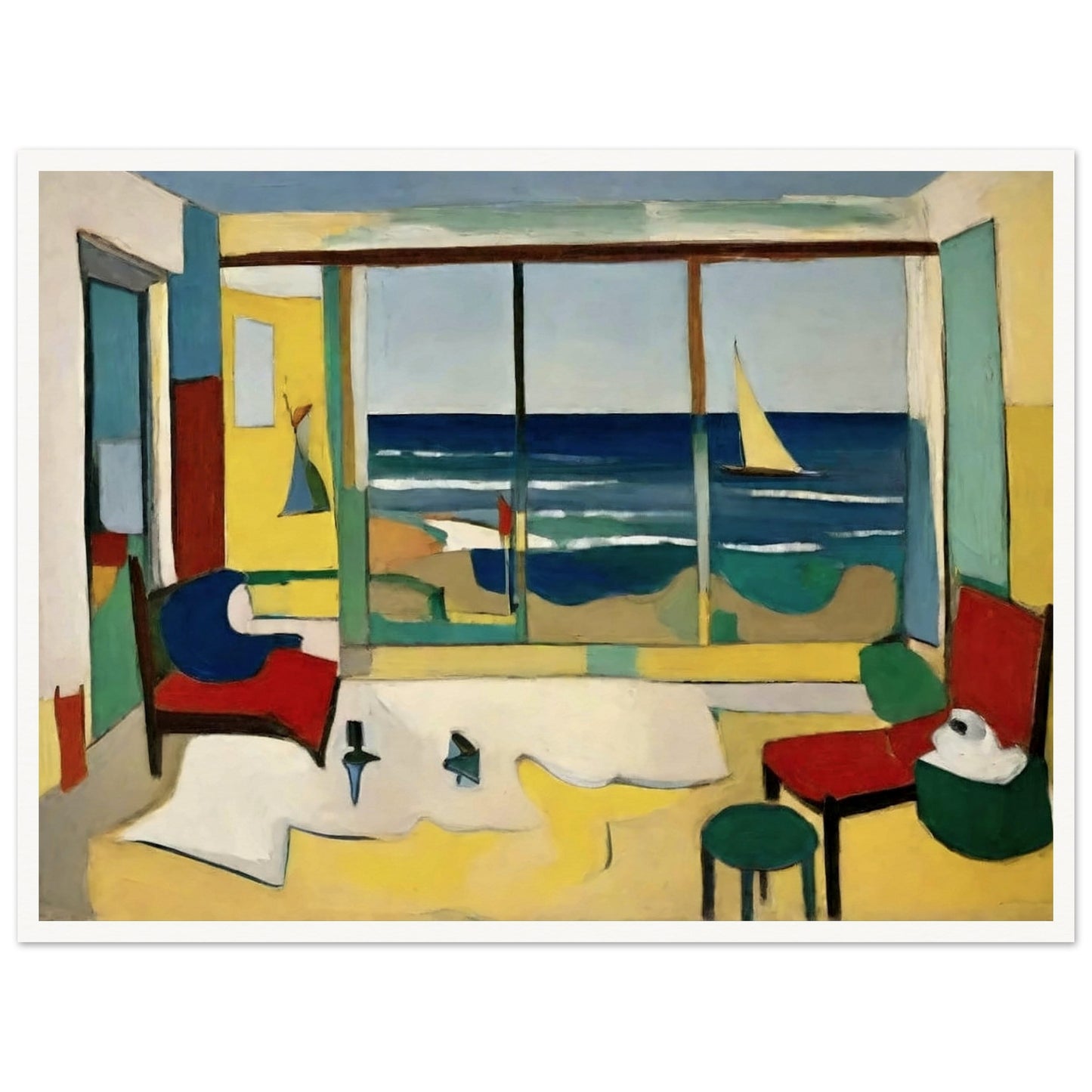 A vibrant painting of an interior room with a large window showcasing a view of the ocean, a sailboat on the water, and colorful furniture.
