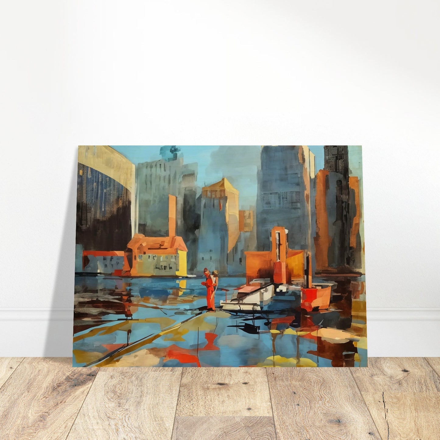 A colorful cityscape featuring tall buildings and a waterfront, with reflections dancing on the water. A person dressed in red stands out amidst the urban environment, creating a dynamic contrast.