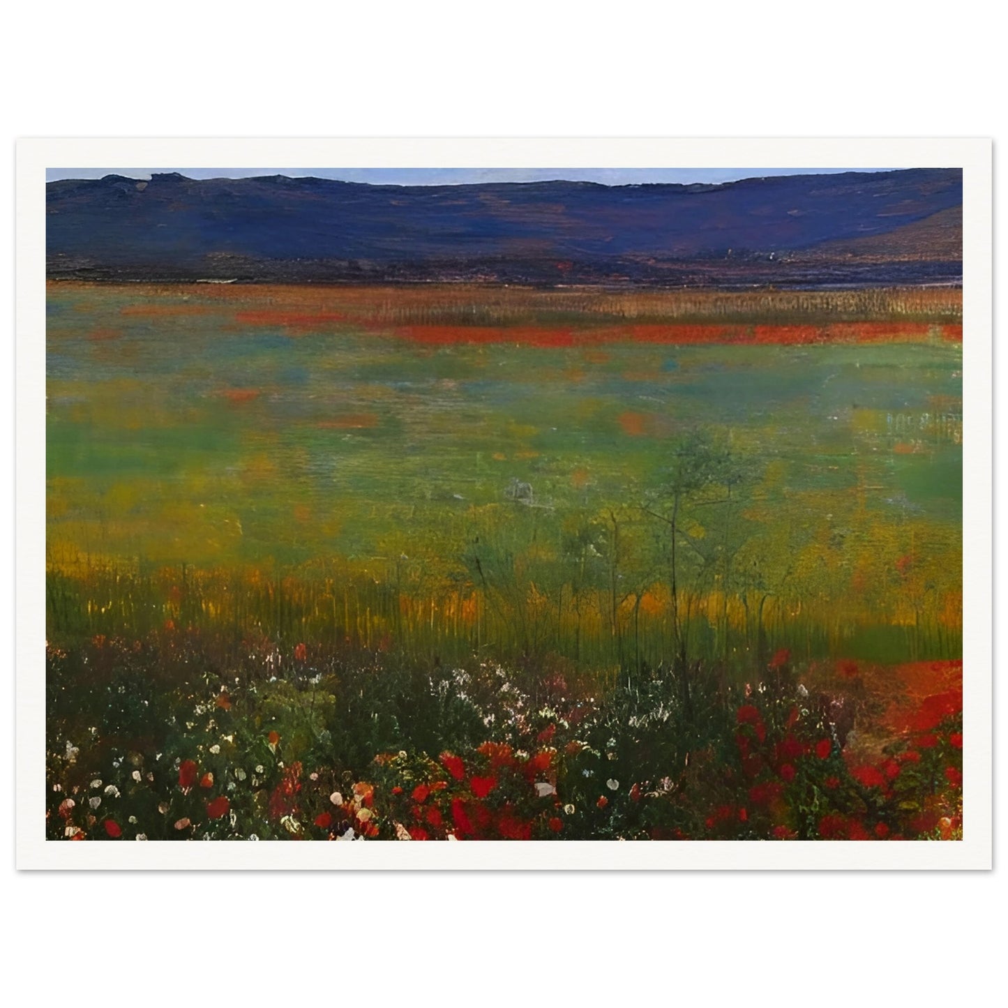 A tranquil painting depicting an expansive meadow filled with wildflowers, set against distant blue mountains.