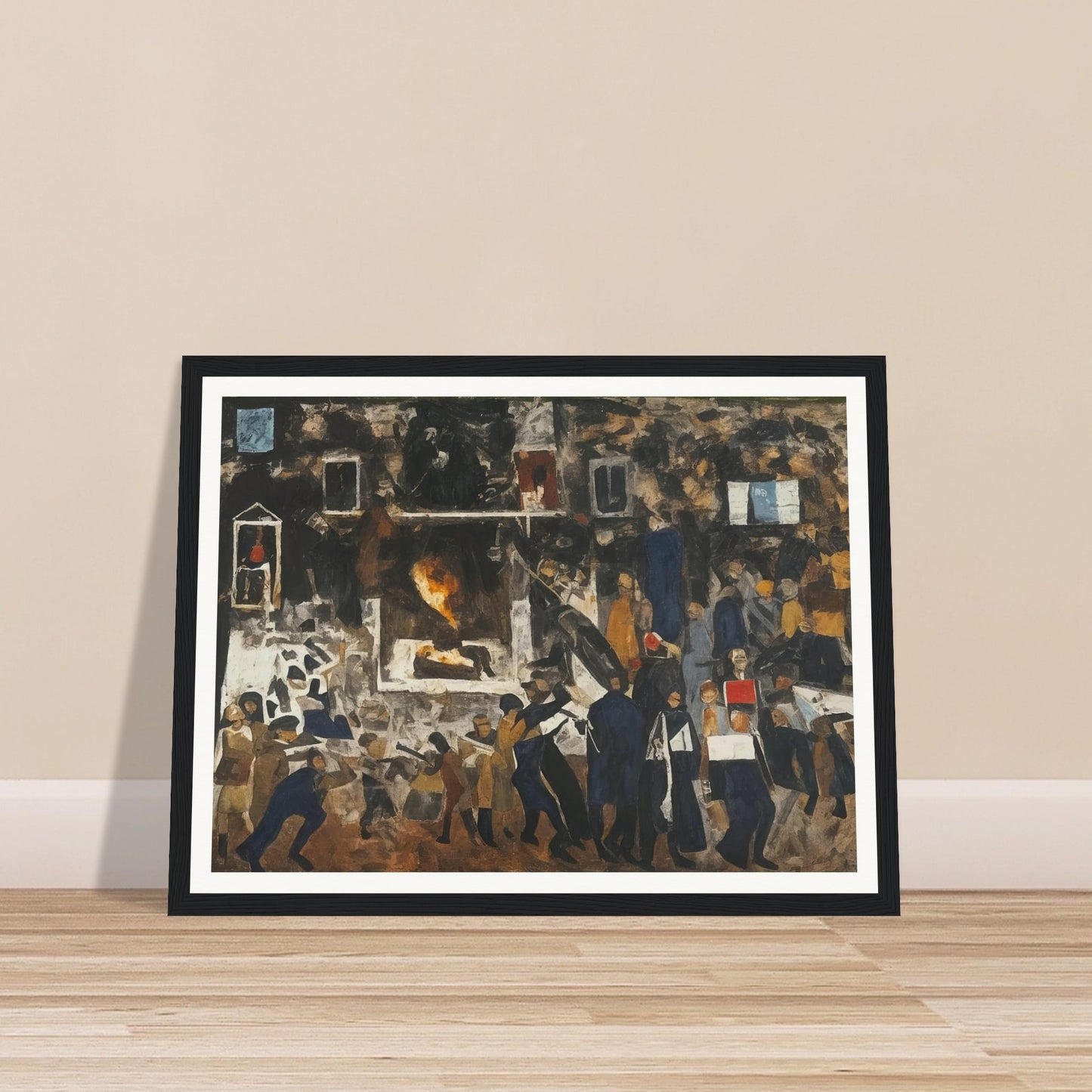 A powerful depiction of a crowded protest scene with figures in motion, conveying the energy and tension of a moment of social unrest.