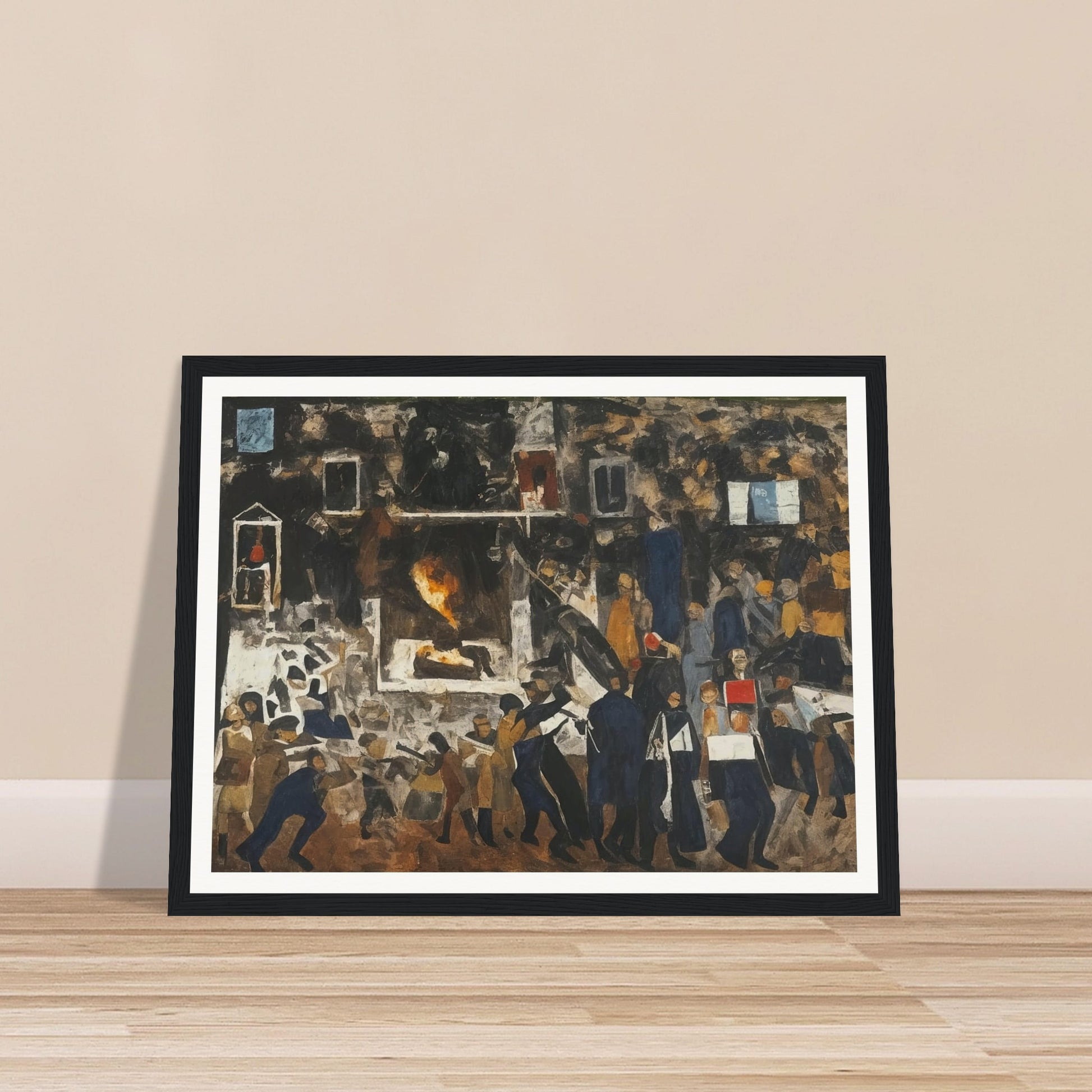 A powerful depiction of a crowded protest scene with figures in motion, conveying the energy and tension of a moment of social unrest.
