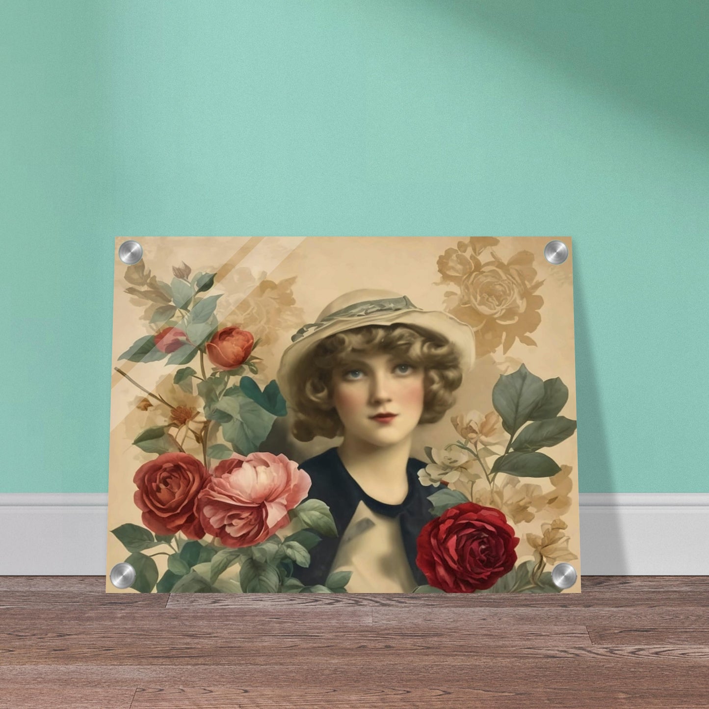 A vintage-style portrait of a woman in a hat, surrounded by blooming roses in soft, muted colors.