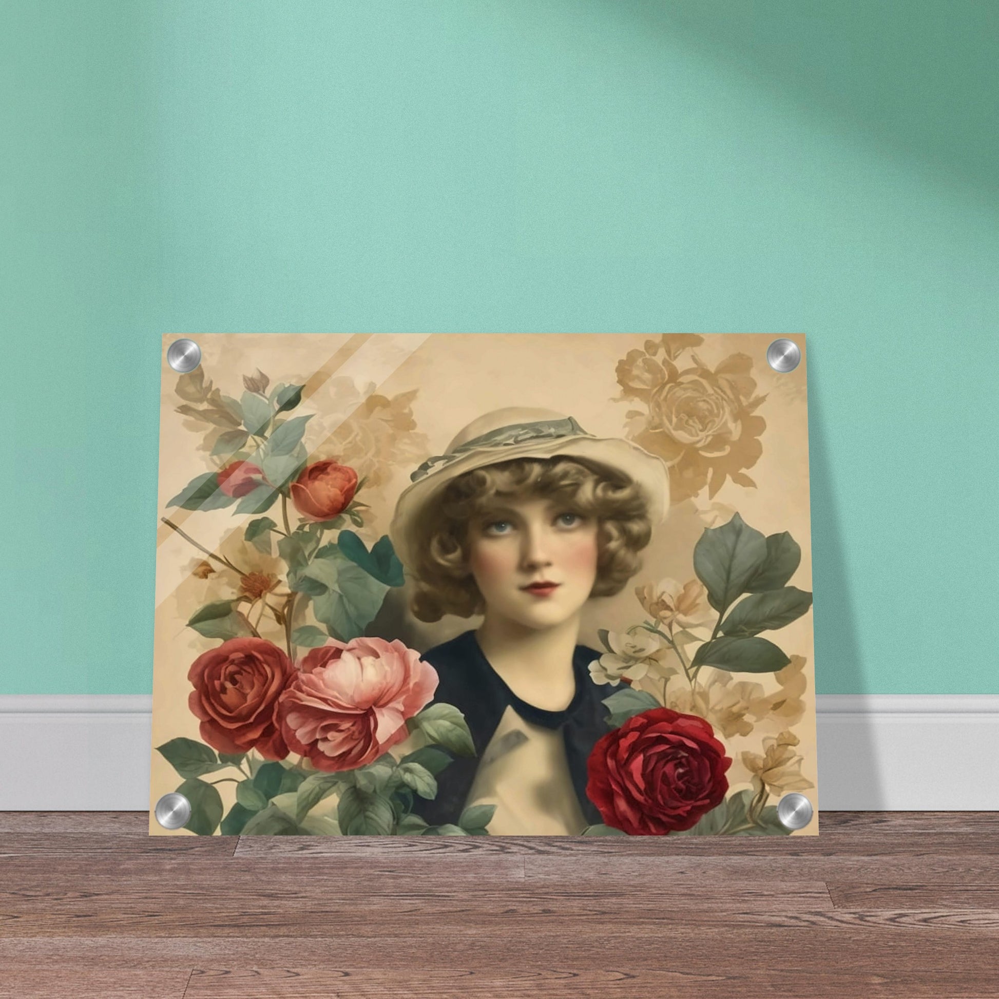 A vintage-style portrait of a woman in a hat, surrounded by blooming roses in soft, muted colors.