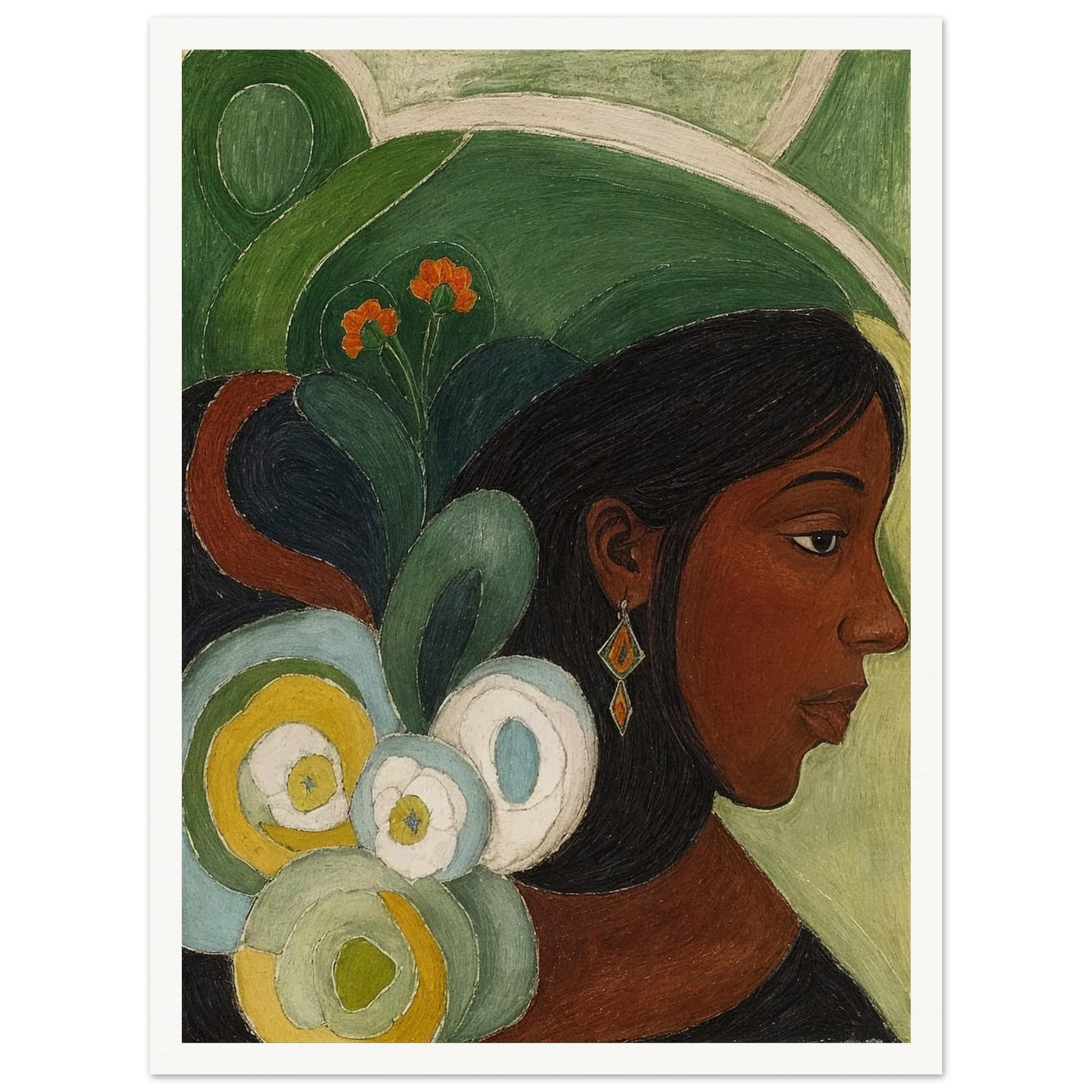 A contemplative portrait of a woman in profile, adorned with vibrant green and floral elements in the background.