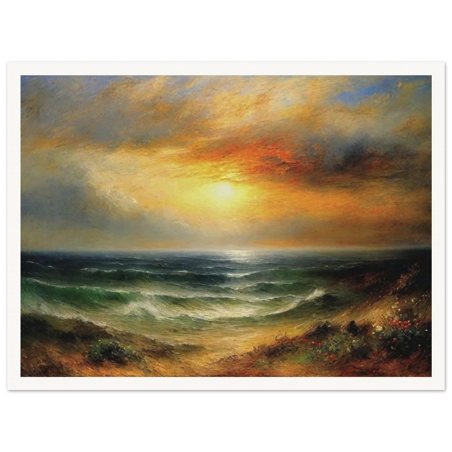 A beautiful seascape painting of a glowing sunset over calm ocean waves, with golden skies and soft colors reflecting on the water.
