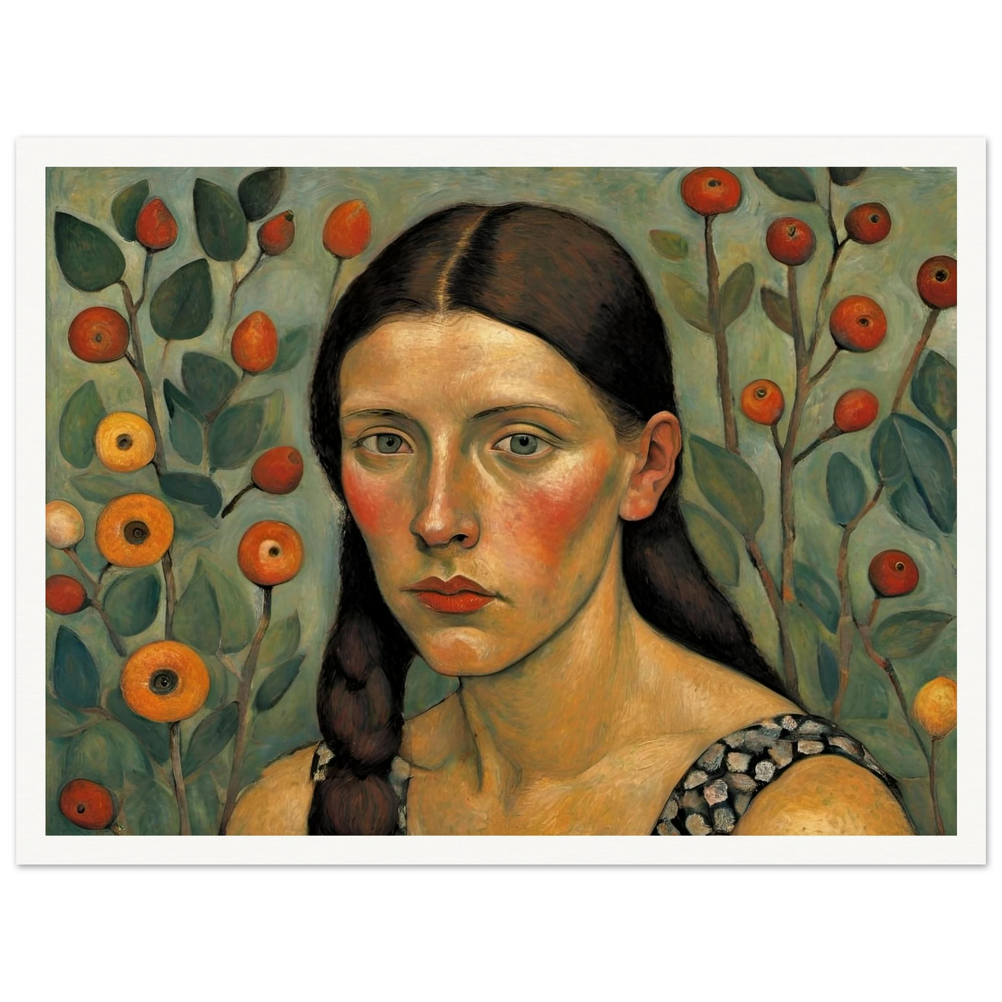 A young woman with braided dark hair stares forward, framed by round orange fruit and green foliage against a soft background.