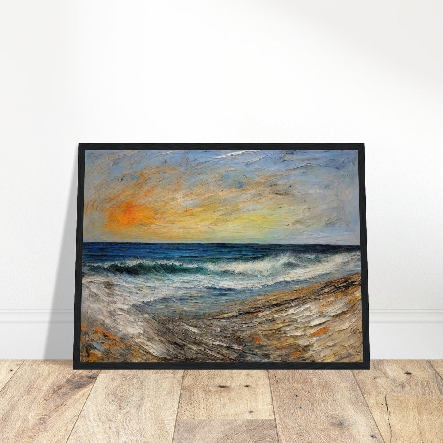A painting of a serene shoreline at sunset with gentle waves, vibrant orange and yellow sky, and textured sand.