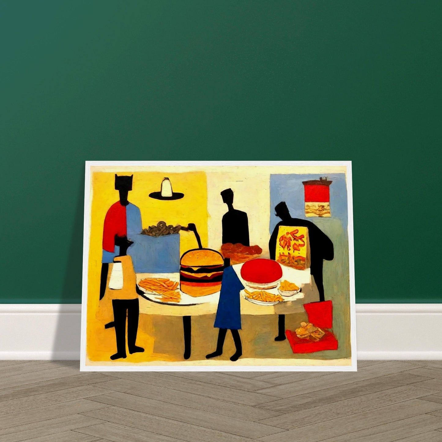 "An abstract painting of figures gathered around a table full of fast food items, including a burger, fries, pizza, and soda."