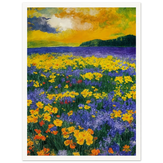 A vivid painting of a meadow filled with yellow, orange, and purple flowers under a dramatic yellow and green sky.