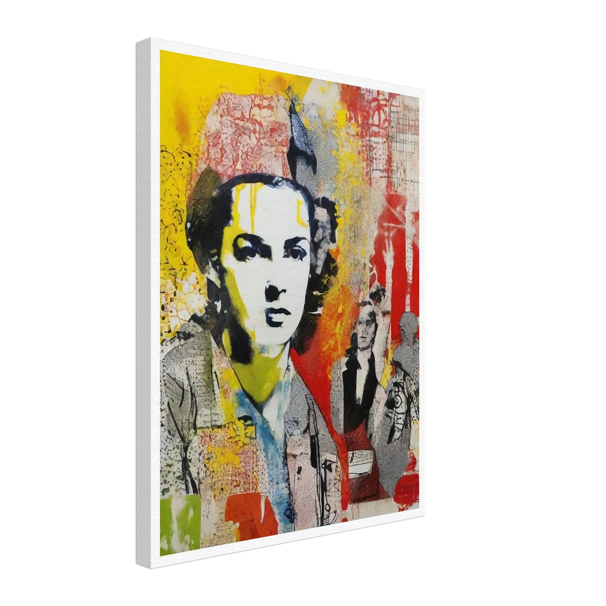 "Bold and colorful collage-like portrait of a serious woman with layers of red, yellow, and abstract patterns in the background."