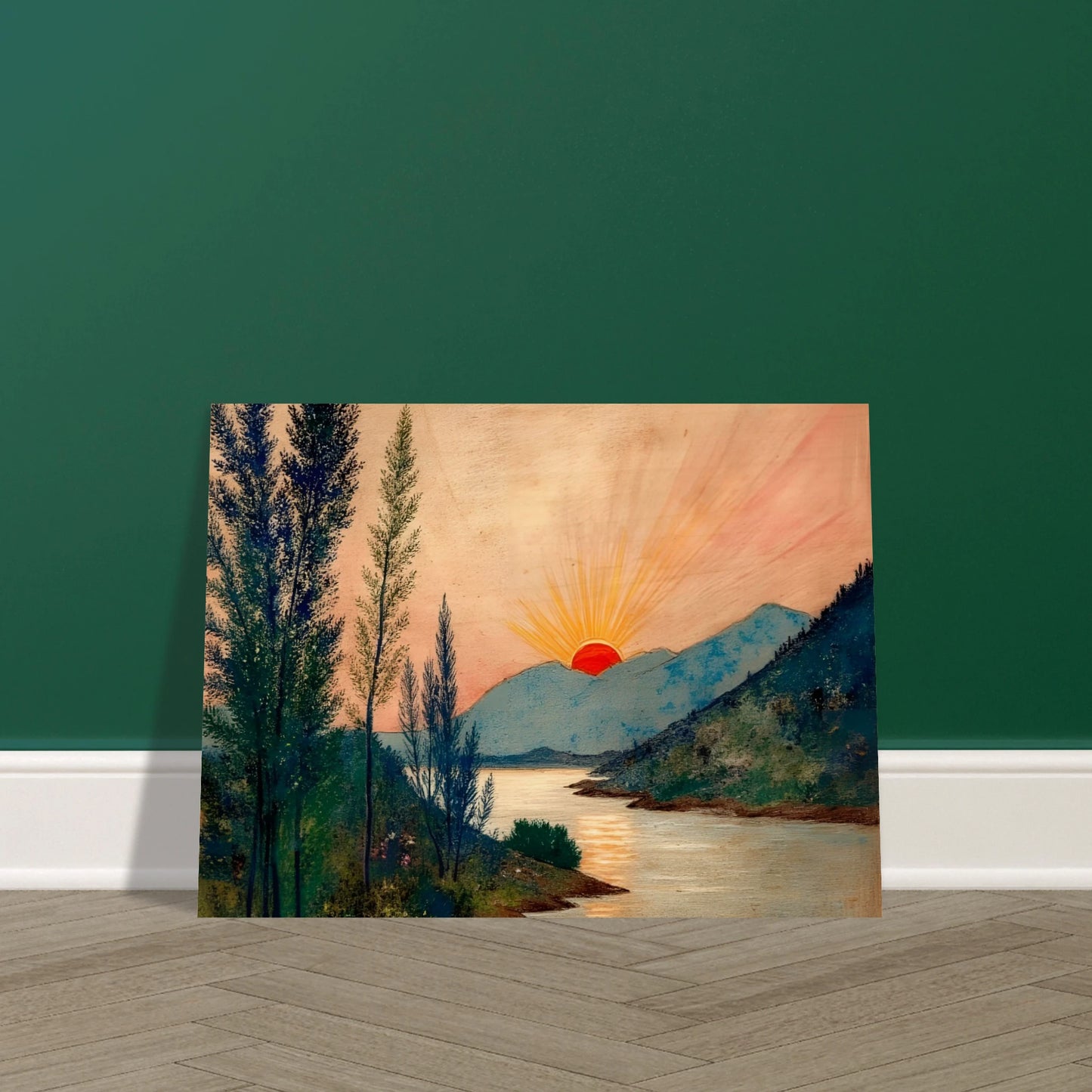 A vivid sunrise glows over misty mountains and a calm river, framed by tall trees and soft pastel skies.