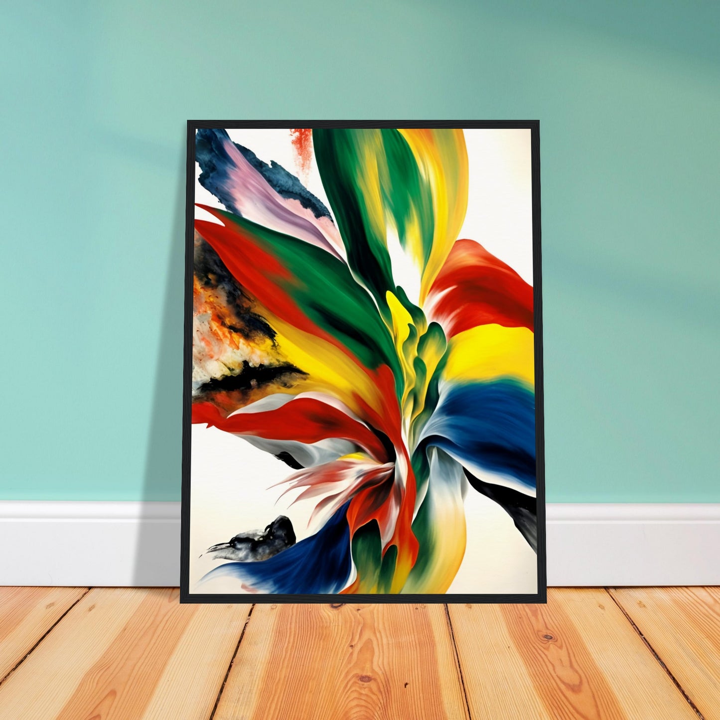 A dynamic explosion of vivid reds, yellows, blues, and greens blending in fluid motion, resembling an ethereal floral bloom or flame.