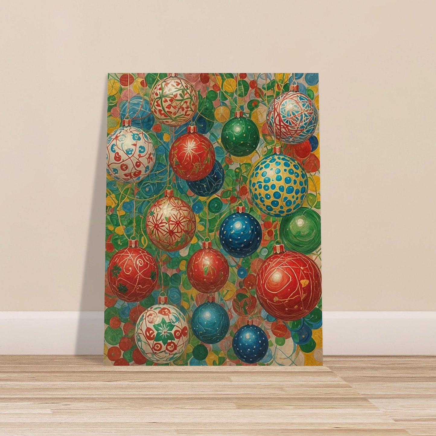 A vibrant array of colorful Christmas ornaments in red, blue, green, and white, decorated with intricate patterns and set against a lively background of overlapping colors.