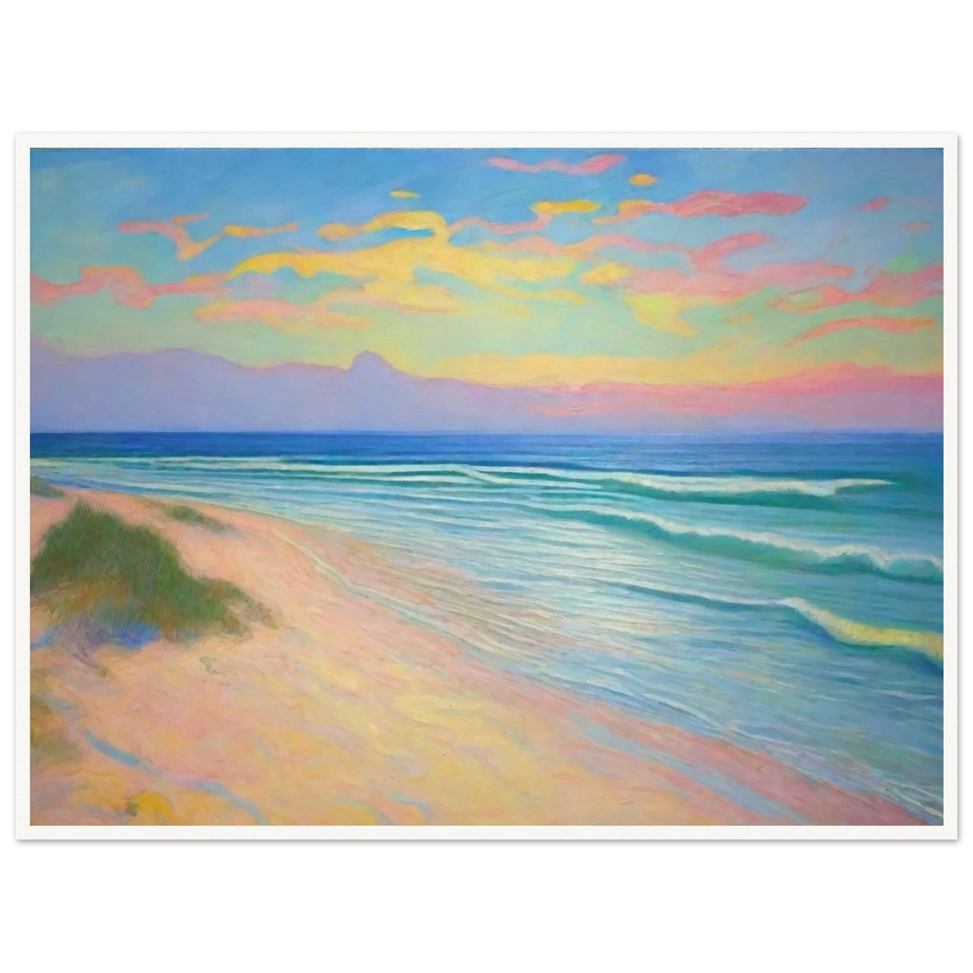 "A serene beach scene with pastel-colored clouds in the sky, gentle waves, and soft sandy shores, creating a peaceful atmosphere."