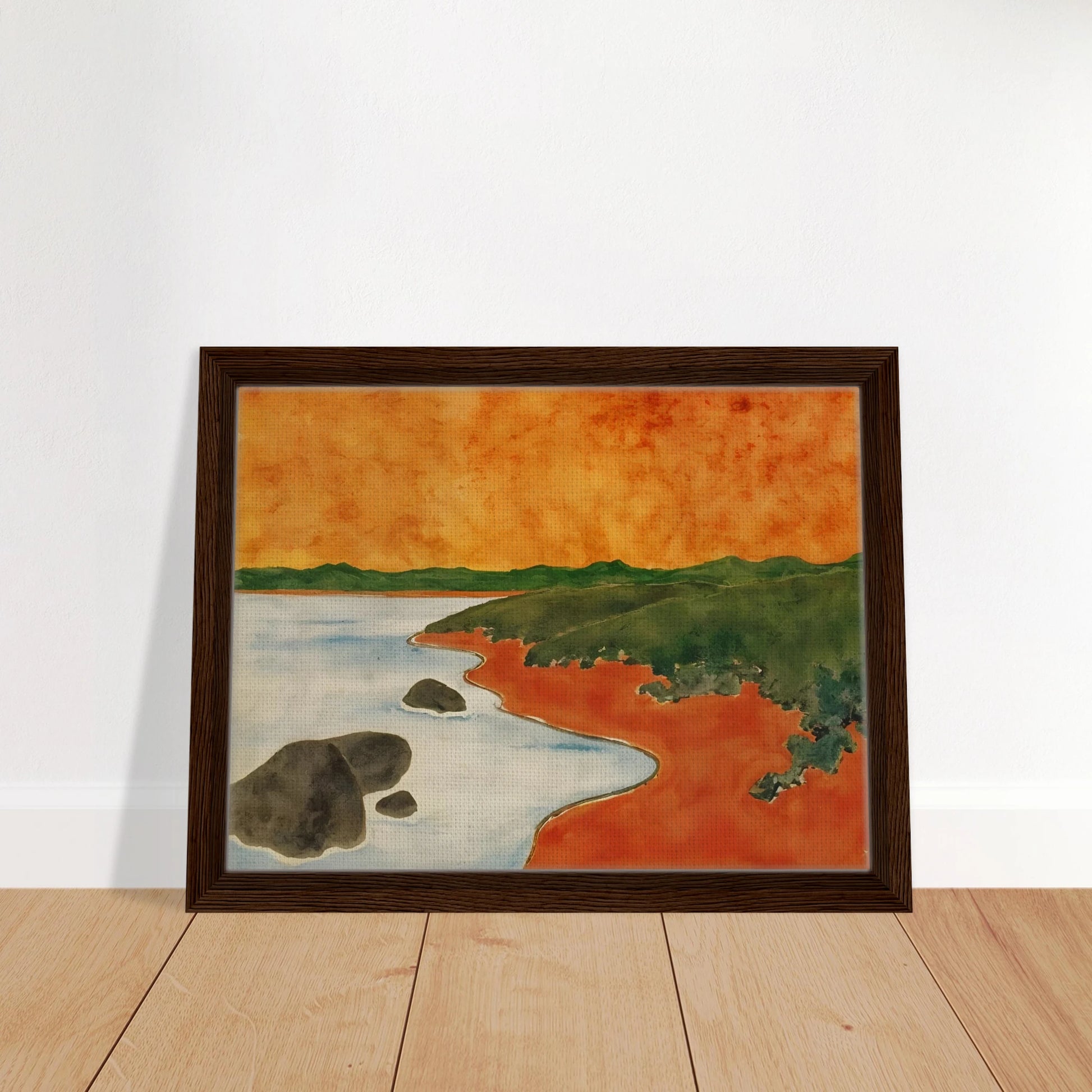 A vivid coastal scene with fiery orange skies, green hills, and calm shoreline waters meeting a winding red shoreline.