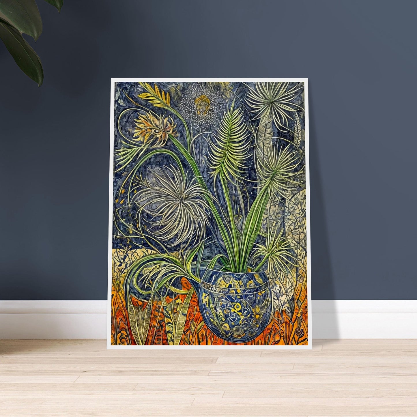An intricate painting of lush green plants in a patterned blue vase, surrounded by detailed foliage and vibrant orange accents in the background.
