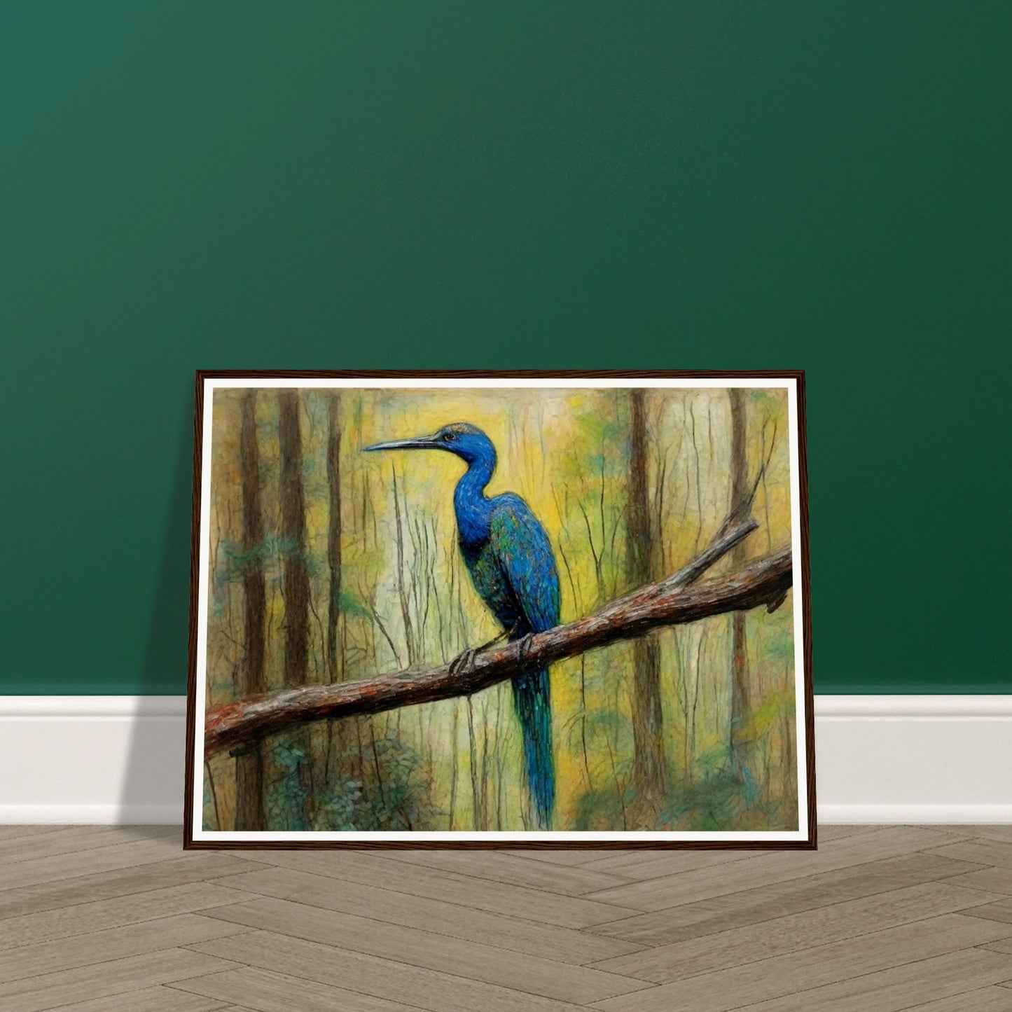 "A detailed painting of a vibrant blue bird perched on a tree branch in a forest, surrounded by soft, natural light filtering through the trees."