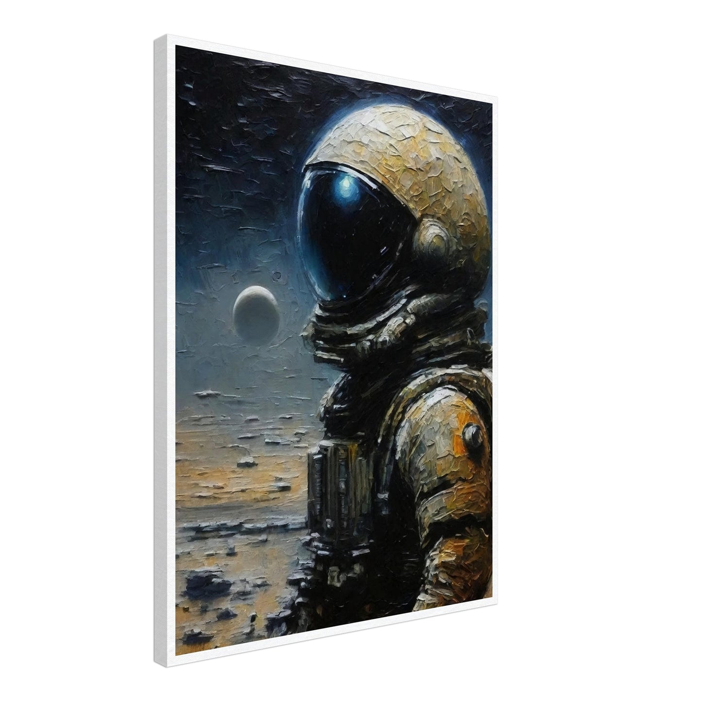 A detailed painting of an astronaut in a spacesuit standing on a lunar surface with a distant planet in the background.