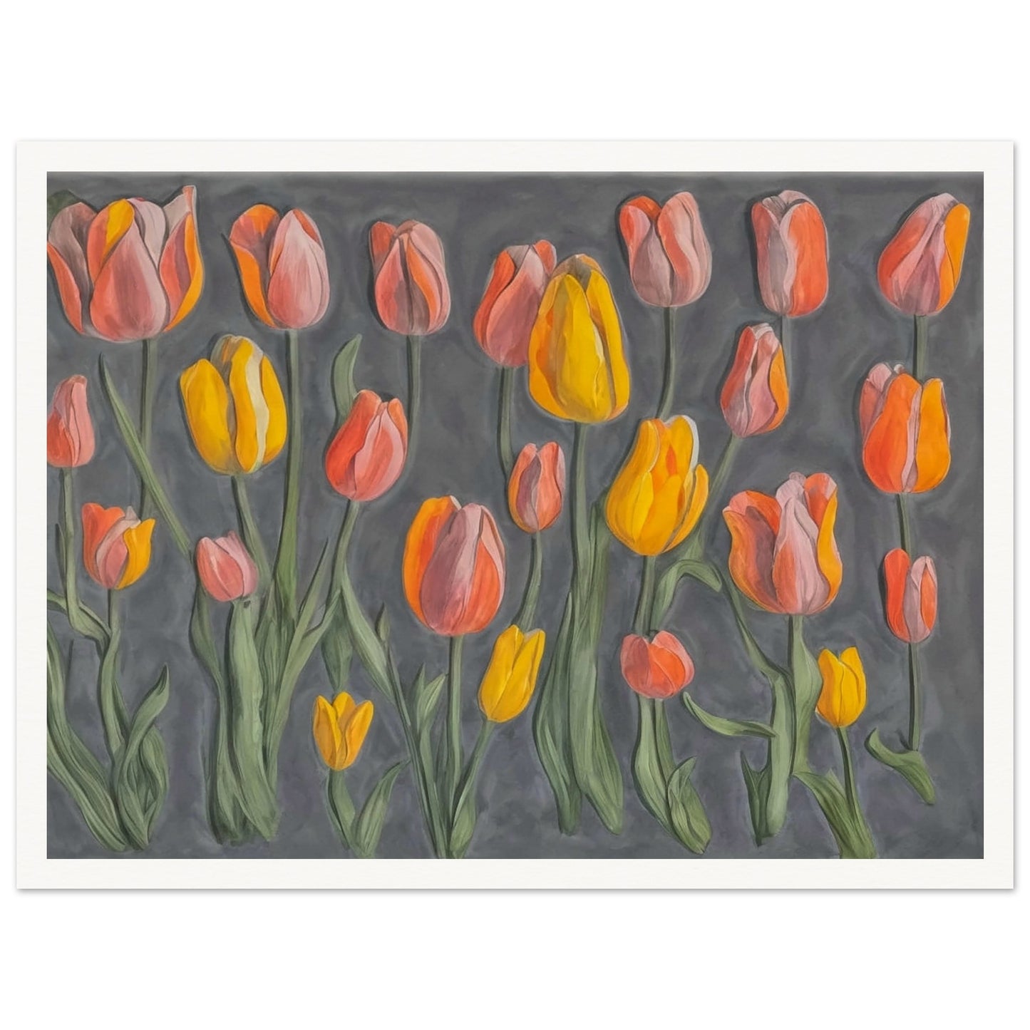 A charming display of orange and yellow tulips standing tall against a muted gray background, showcasing their vibrant colors and graceful stems.