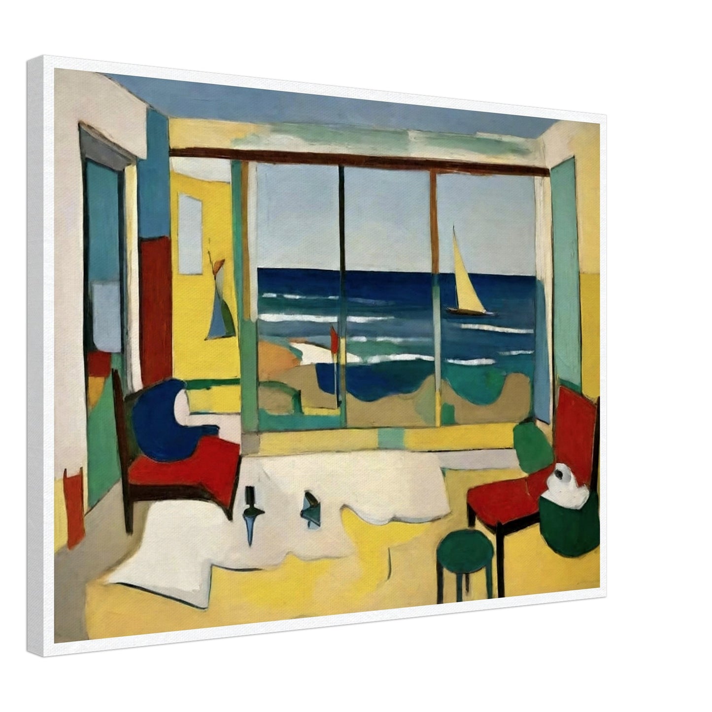 A vibrant painting of an interior room with a large window showcasing a view of the ocean, a sailboat on the water, and colorful furniture.