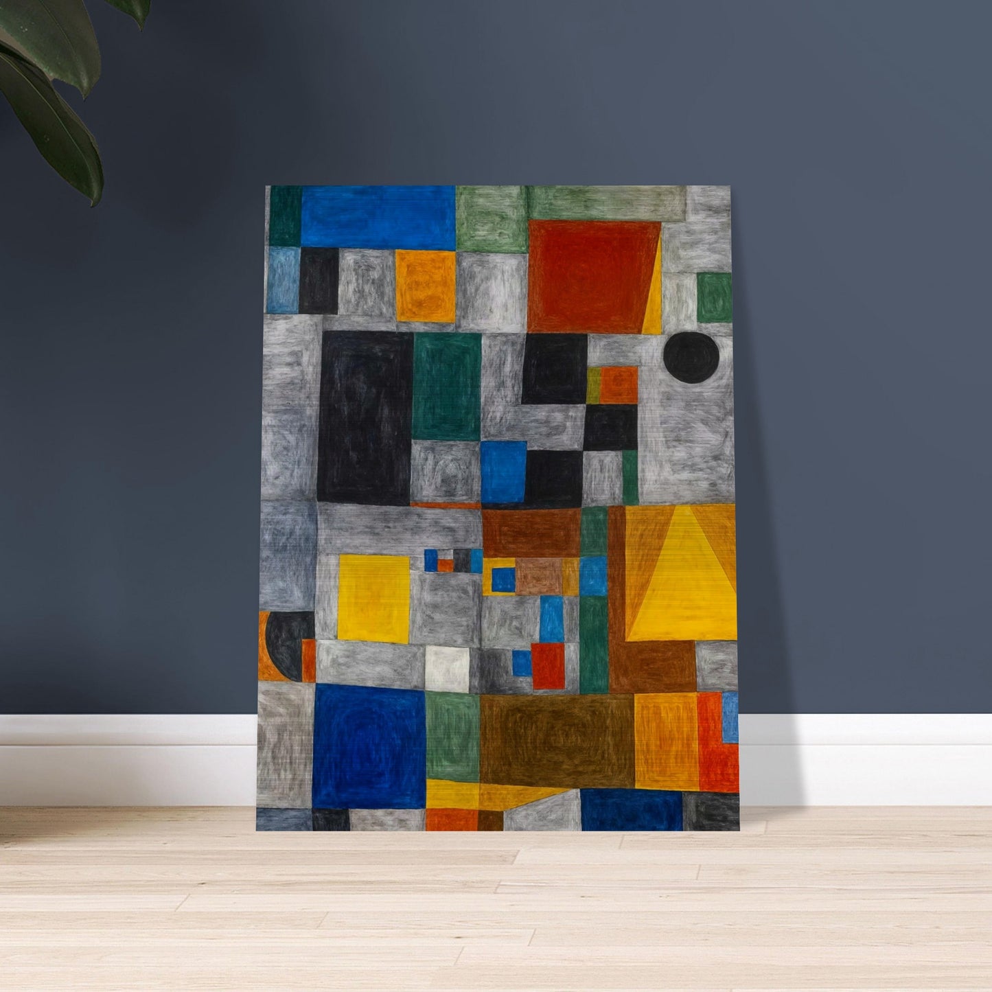 Abstract geometric artwork featuring a grid of colored squares and rectangles, creating a vibrant, dynamic composition.