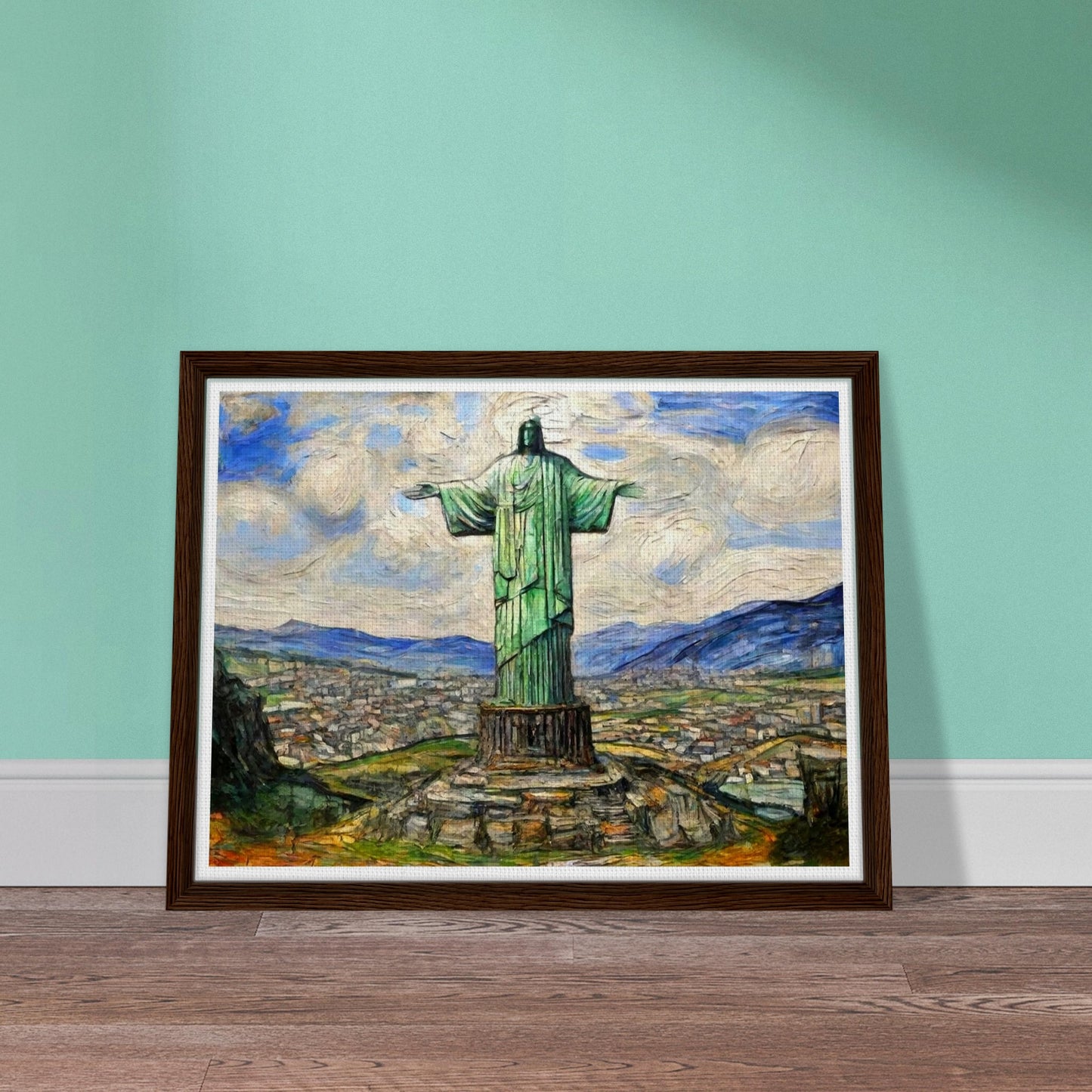 "A majestic painting of the Christ the Redeemer statue standing tall over the city of Rio de Janeiro, with vibrant skies and mountain ranges in the background."