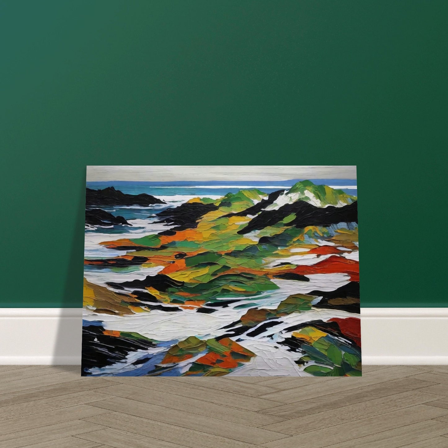 An abstract painting depicting a vibrant coastal landscape. The scene features bold, textured strokes in greens, oranges, yellows, and blacks representing rocky outcrops and vegetation, contrasted with white and blue areas symbolizing the sea and sky.