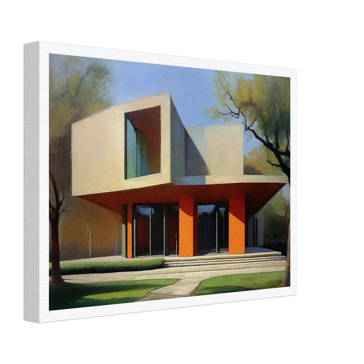 A striking modern architectural building with clean lines and orange accents, bathed in soft sunlight surrounded by trees.