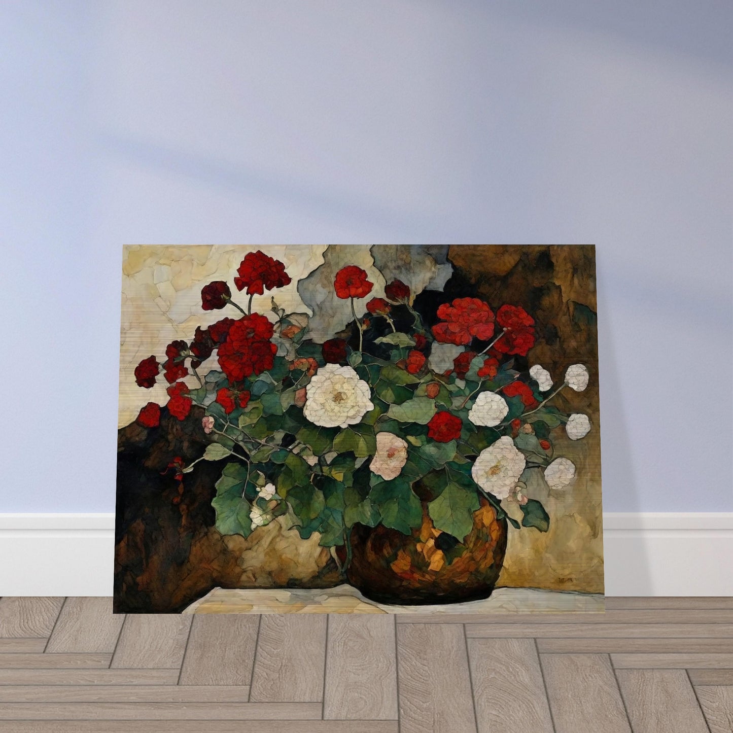 A detailed painting of a vase filled with red and white flowers, set against a textured background.