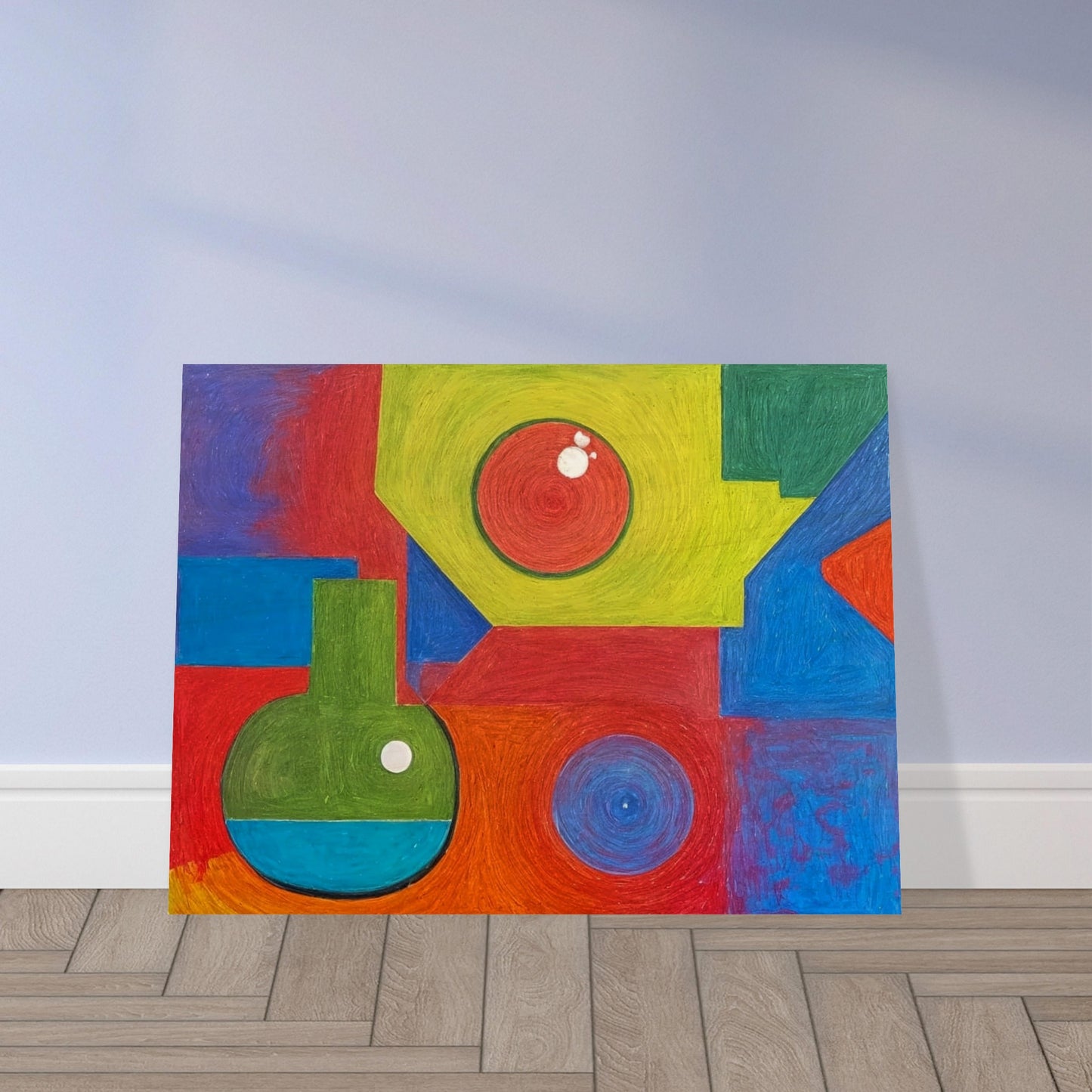 A colorful abstract composition featuring vibrant geometric shapes in bold reds, greens, blues, and yellows, creating a playful and dynamic visual arrangement.