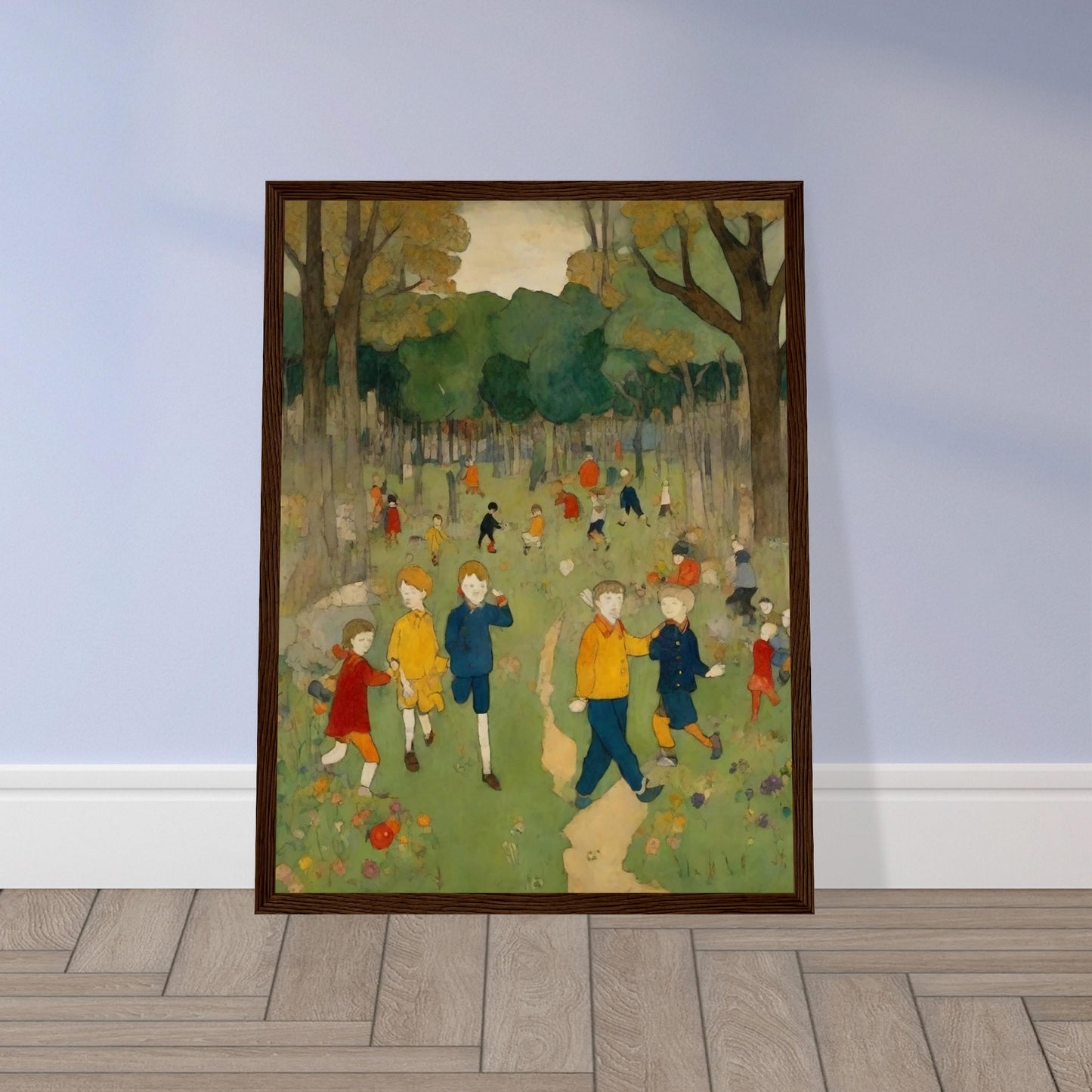 "A nostalgic painting of children playing and exploring in a bright green forest clearing, surrounded by tall trees and colorful wildflowers."
