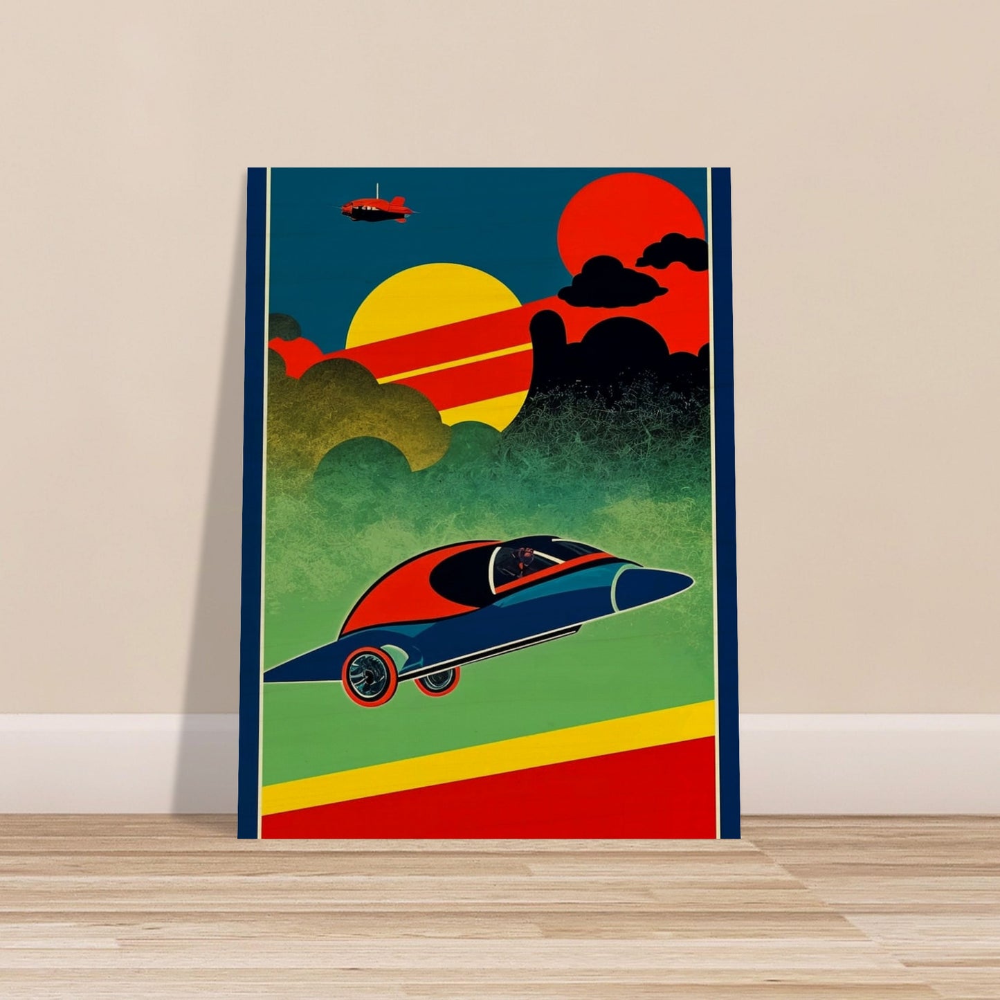 A vibrant, retro-futuristic artwork depicting a sleek, flying car soaring through a colorful sky with bold geometric shapes and a distant plane.