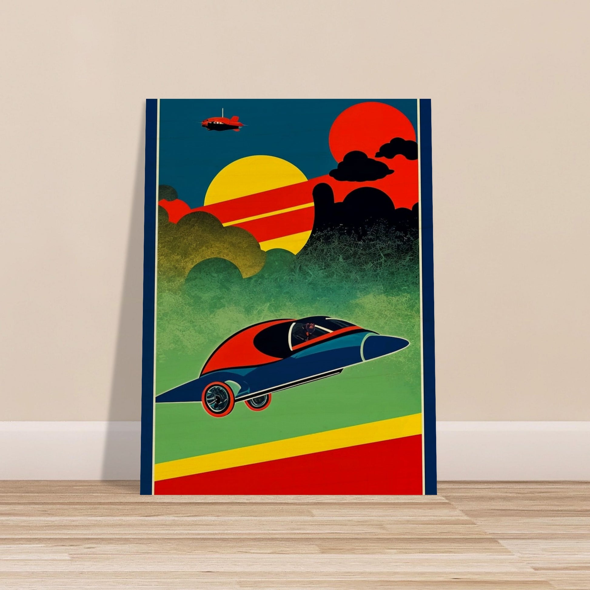 A vibrant, retro-futuristic artwork depicting a sleek, flying car soaring through a colorful sky with bold geometric shapes and a distant plane.