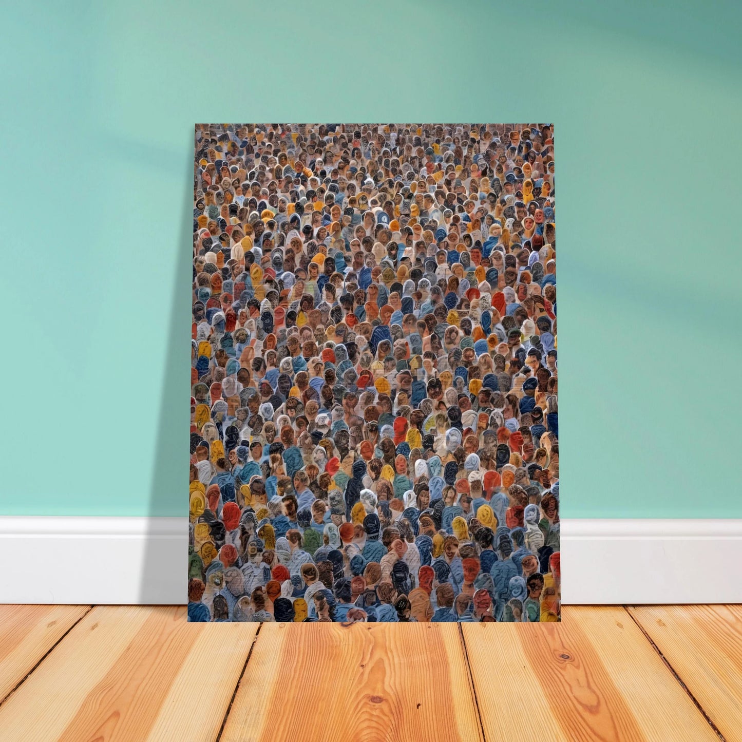 A densely packed crowd of diverse individuals wearing colorful clothing, viewed from above in a striking display of human unity.