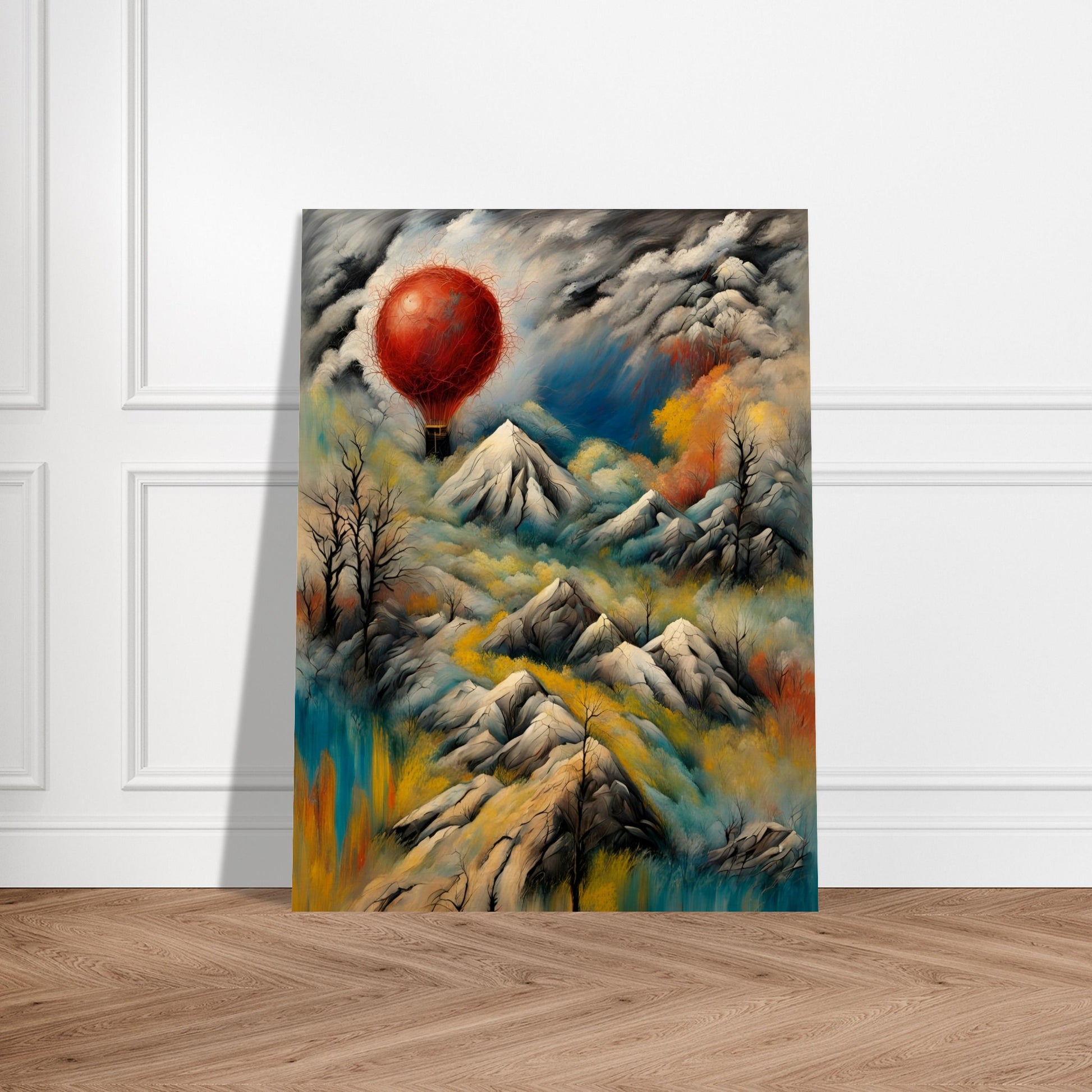 A surreal landscape featuring snow-capped mountains, swirling clouds, and a glowing red hot air balloon floating amidst dramatic skies.