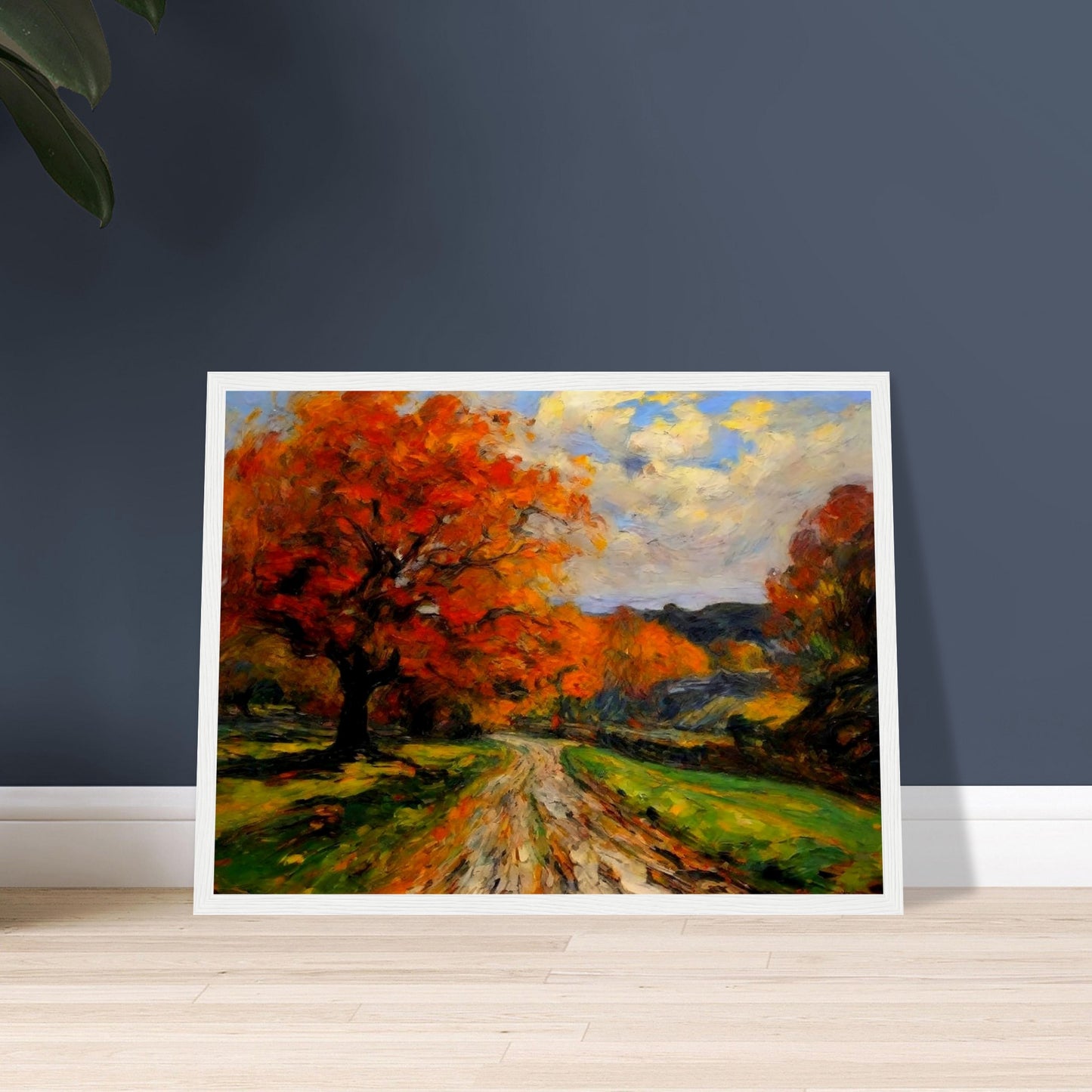 "A beautiful autumn landscape featuring a winding path surrounded by trees with vibrant orange and red leaves under a bright sky."