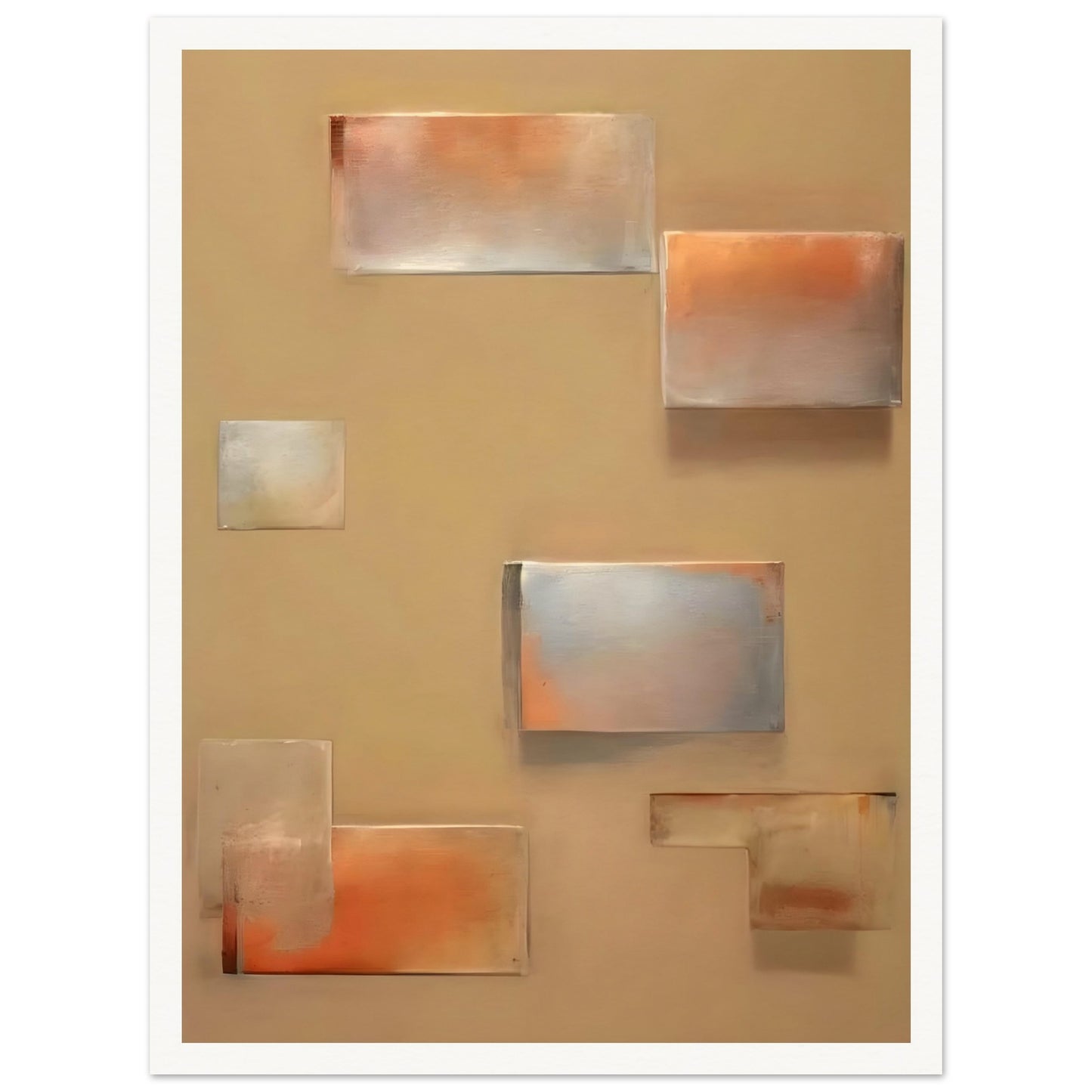An abstract composition featuring softly blurred rectangular shapes in muted shades of orange, gray, and beige, creating a serene and minimalist geometric design.