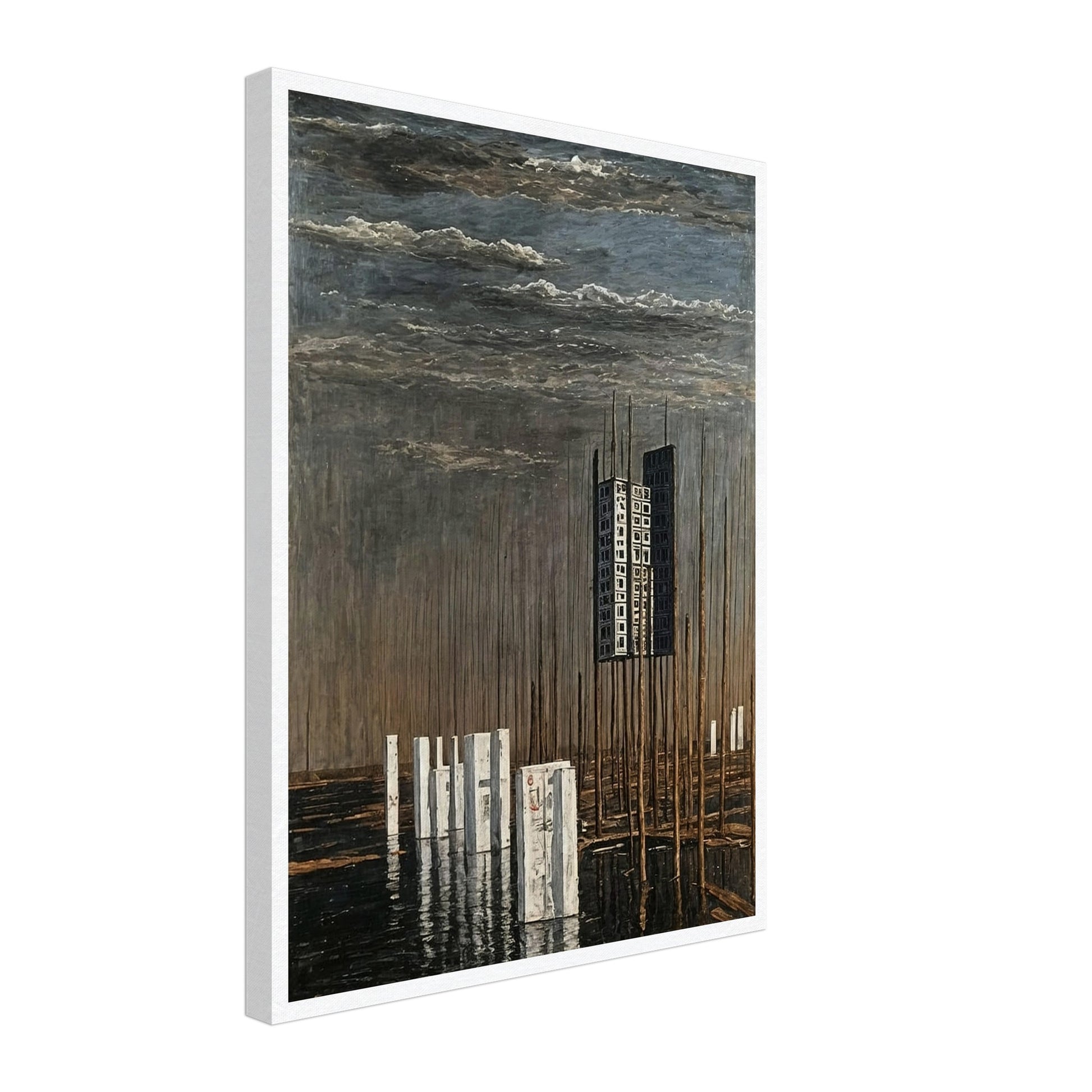A surreal landscape painting featuring a tall, isolated building suspended among thin wooden poles, with reflective water and a cloudy sky.