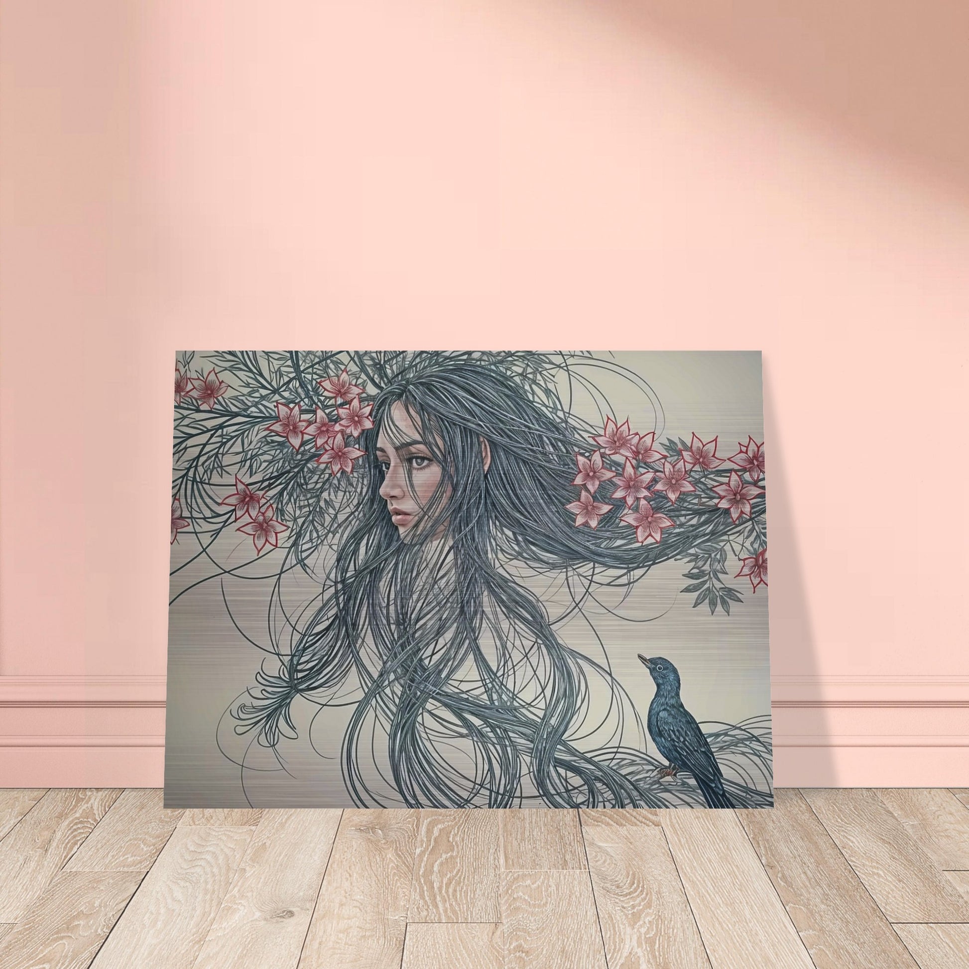 A surreal painting depicting a woman's face intertwined with long flowing hair and flowers, accompanied by a small bird.